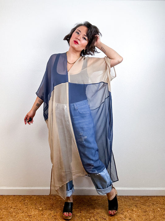 SILK Color Block Midi Caftan Dress Fawn Steel