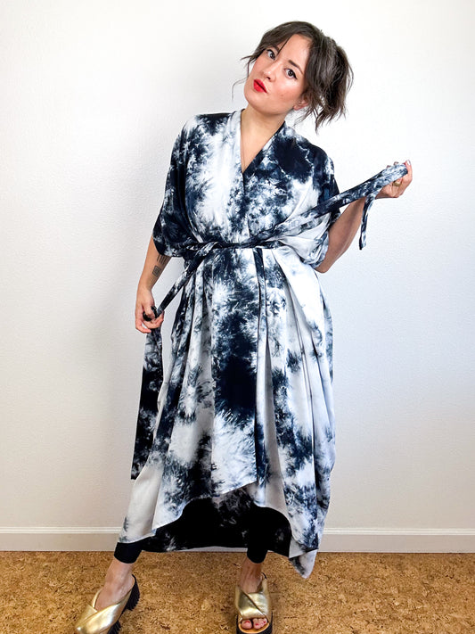 Hand-Dyed High Low Kimono Black Tie
