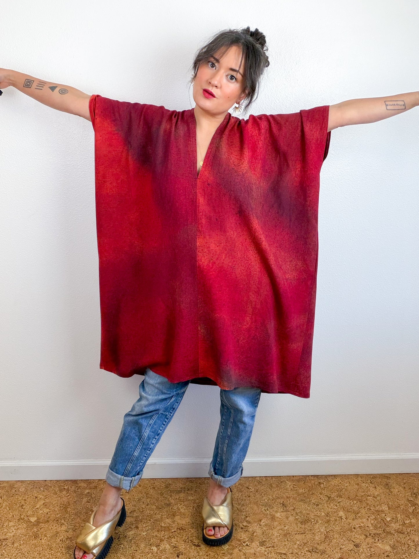 Hand-Dyed Linen Blend Caftan Dress Crimson Fuchsia Maroon Gradient