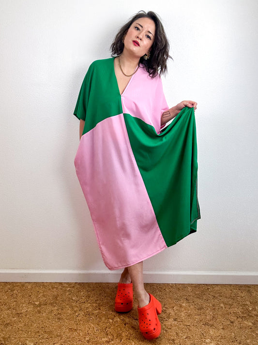 Color Block Midi Caftan Dress Green Pink