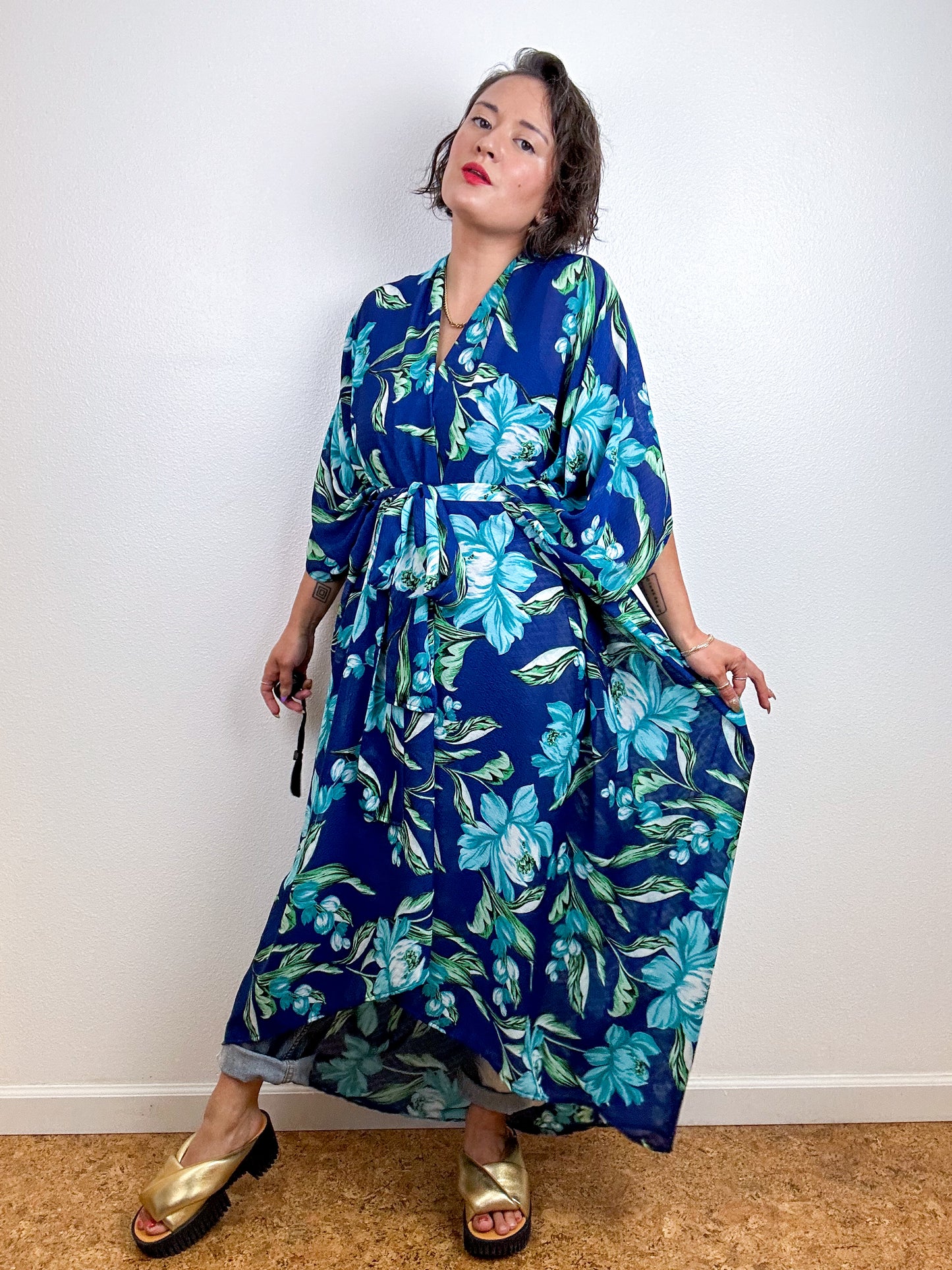 Print High Low Kimono Navy Aqua Floral Chiffon