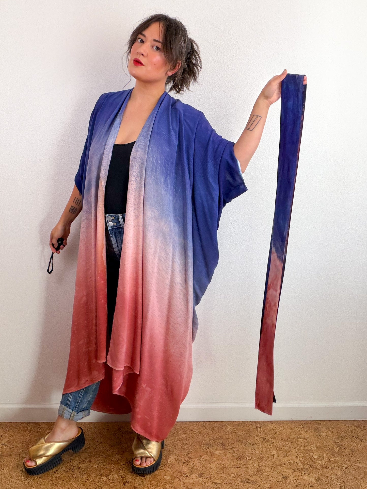Hand-Dyed High Low Kimono Midnight Blush Terracotta Gradient