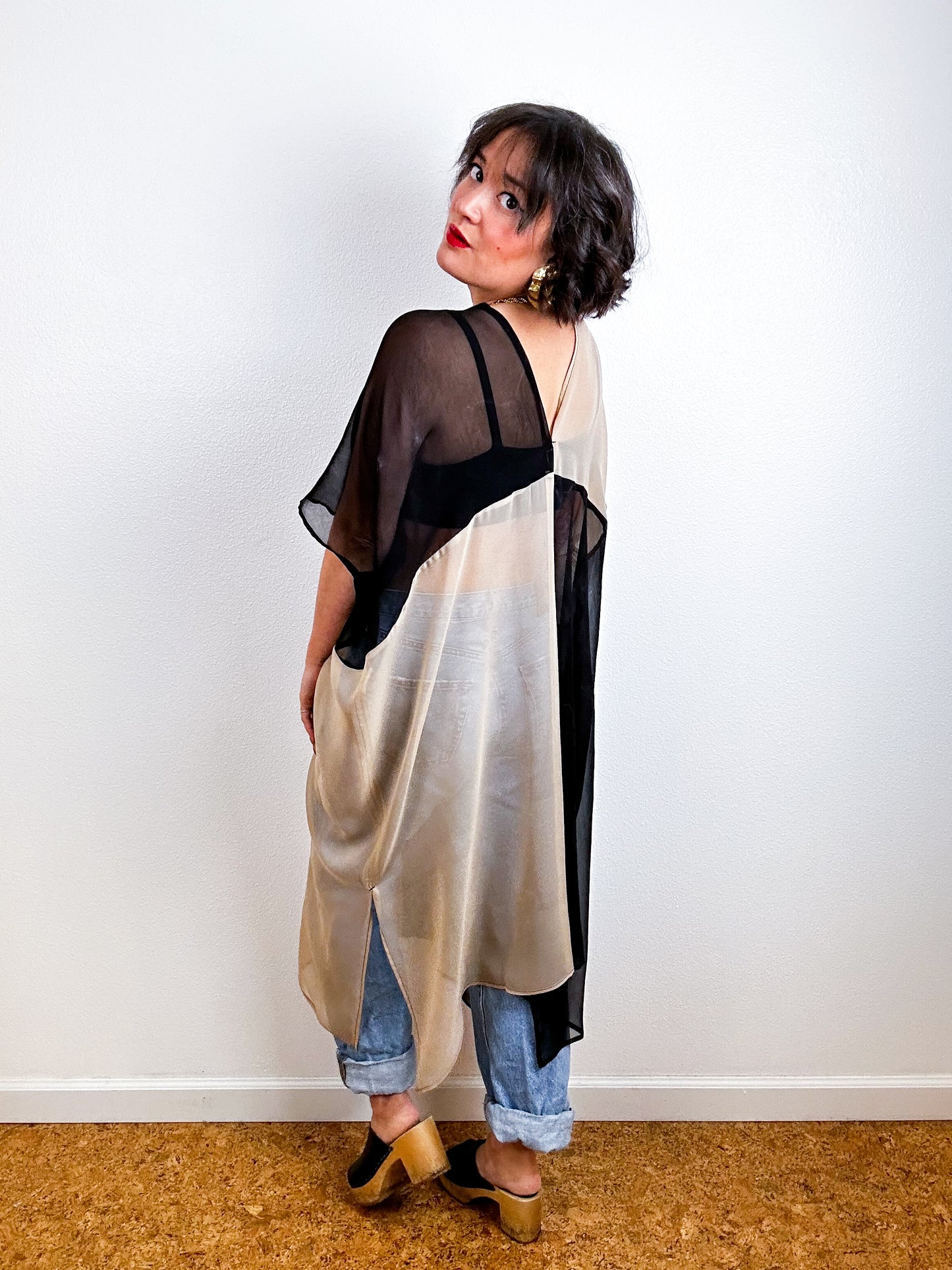 SILK Color Block Midi Caftan Dress Fawn Black