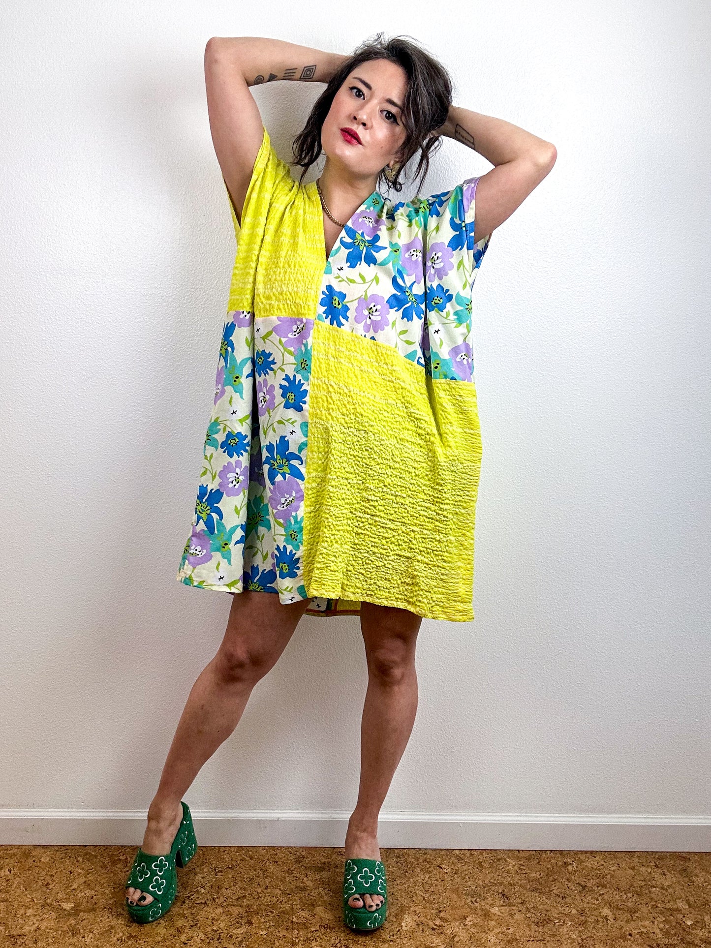 Color Block Mini Caftan Dress Blue Floral Citron Stripe