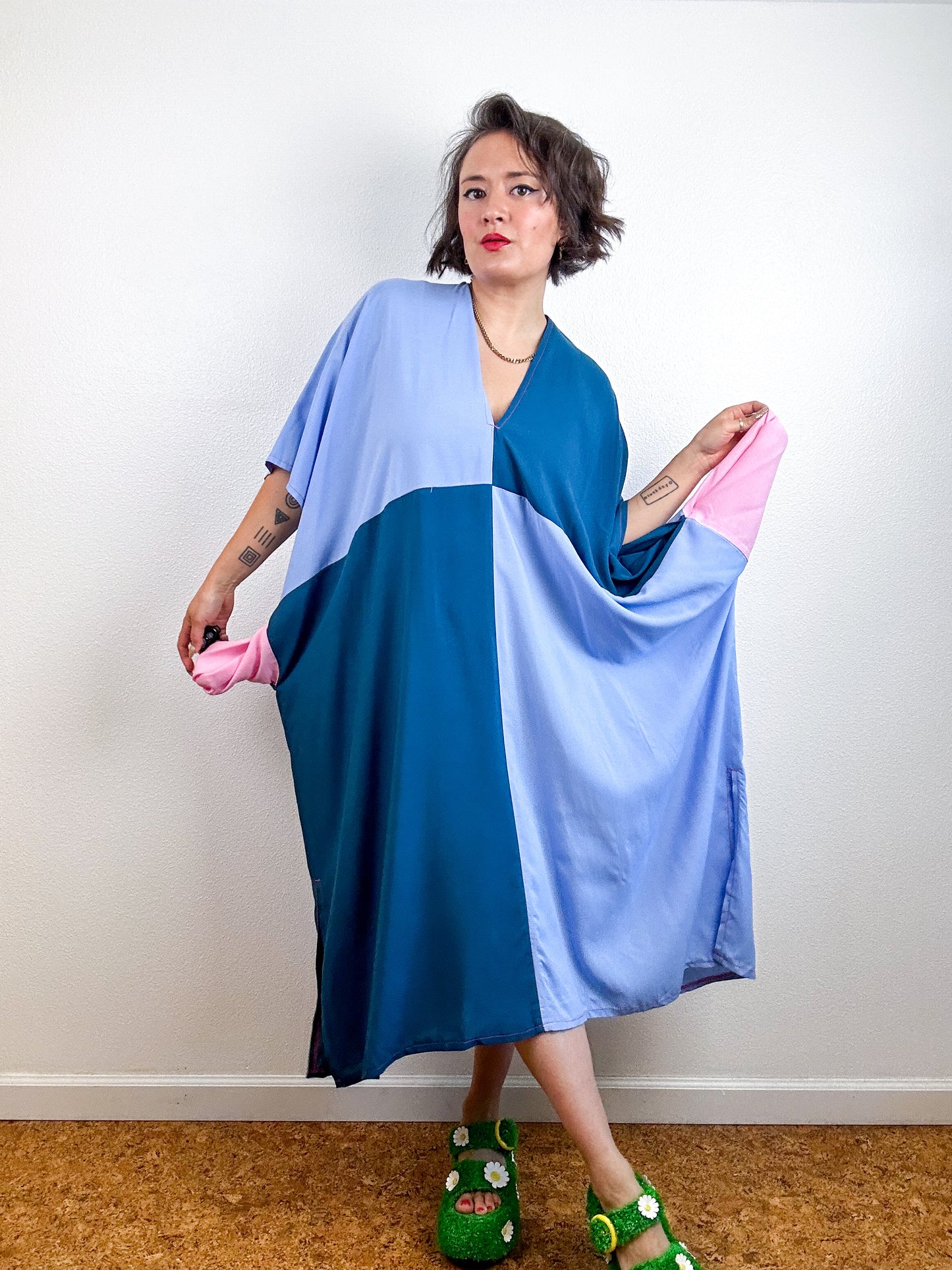 Color Block Midi Caftan Dress Teal Blue