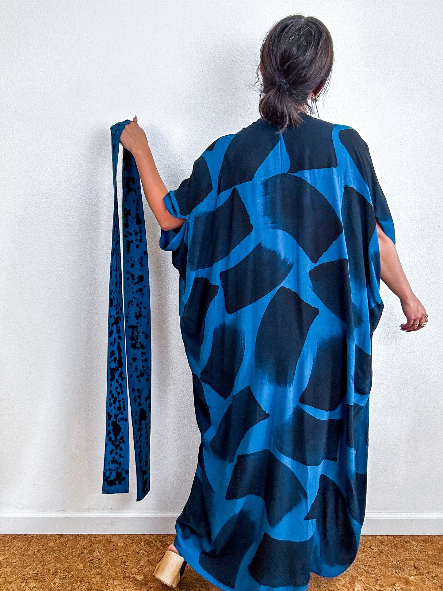 Hand-Dyed High Low Kimono Teal Black Brush
