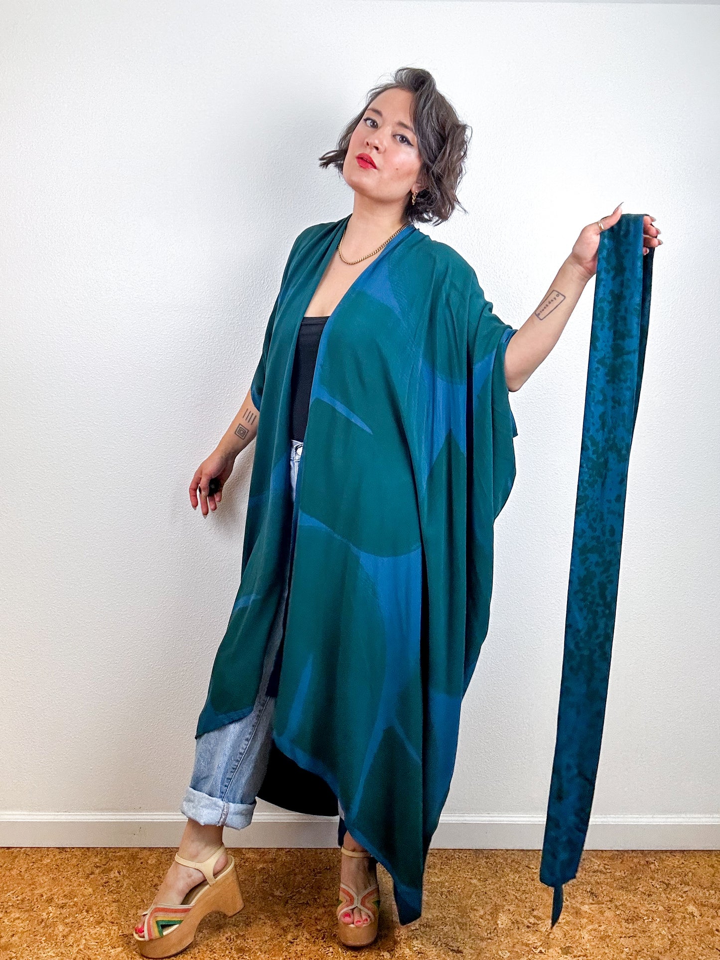 Hand-Dyed High Low Kimono Turquoise Green Arc