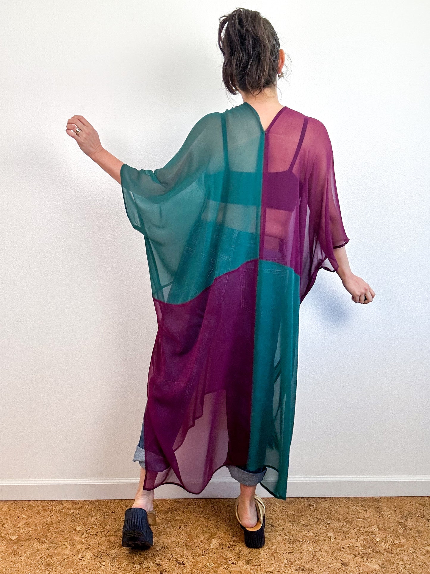 SILK Color Block Midi Caftan Dress Forest Maroon