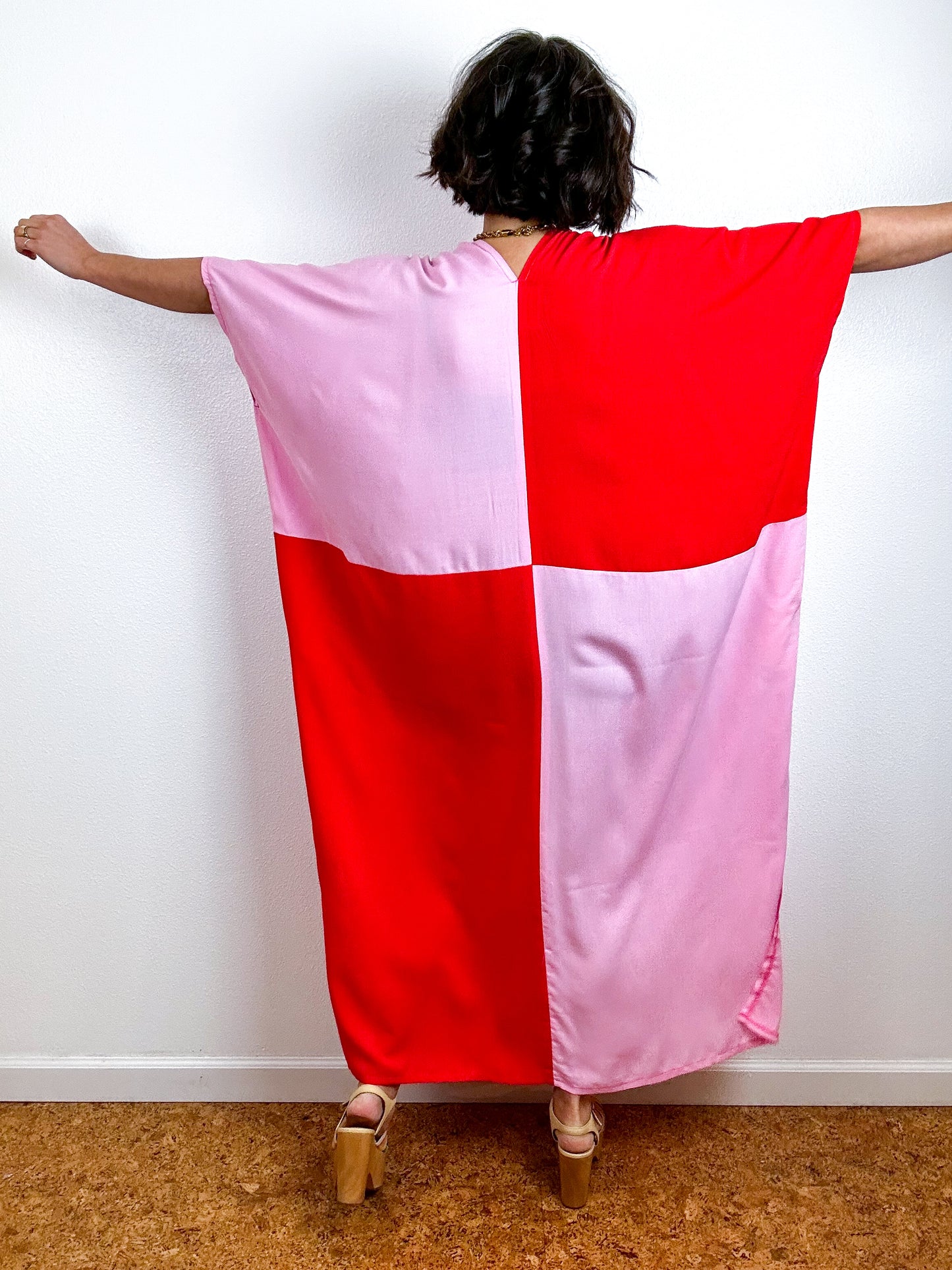 Color Block Midi Caftan Dress Scarlet Pink