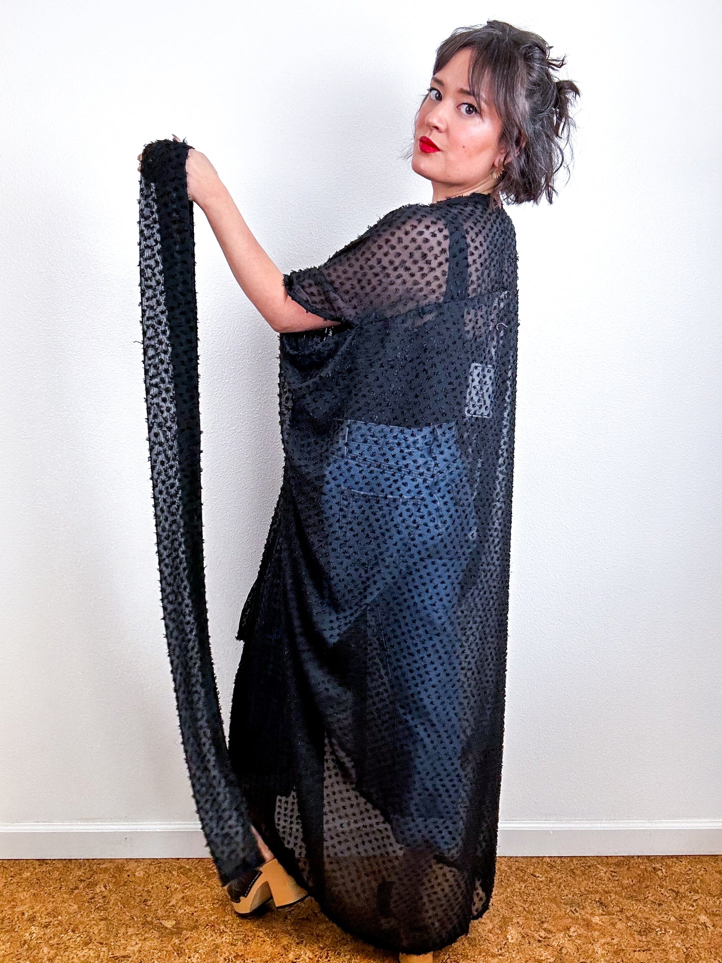 Solid High Low Kimono Black Boucle Dot Chiffon