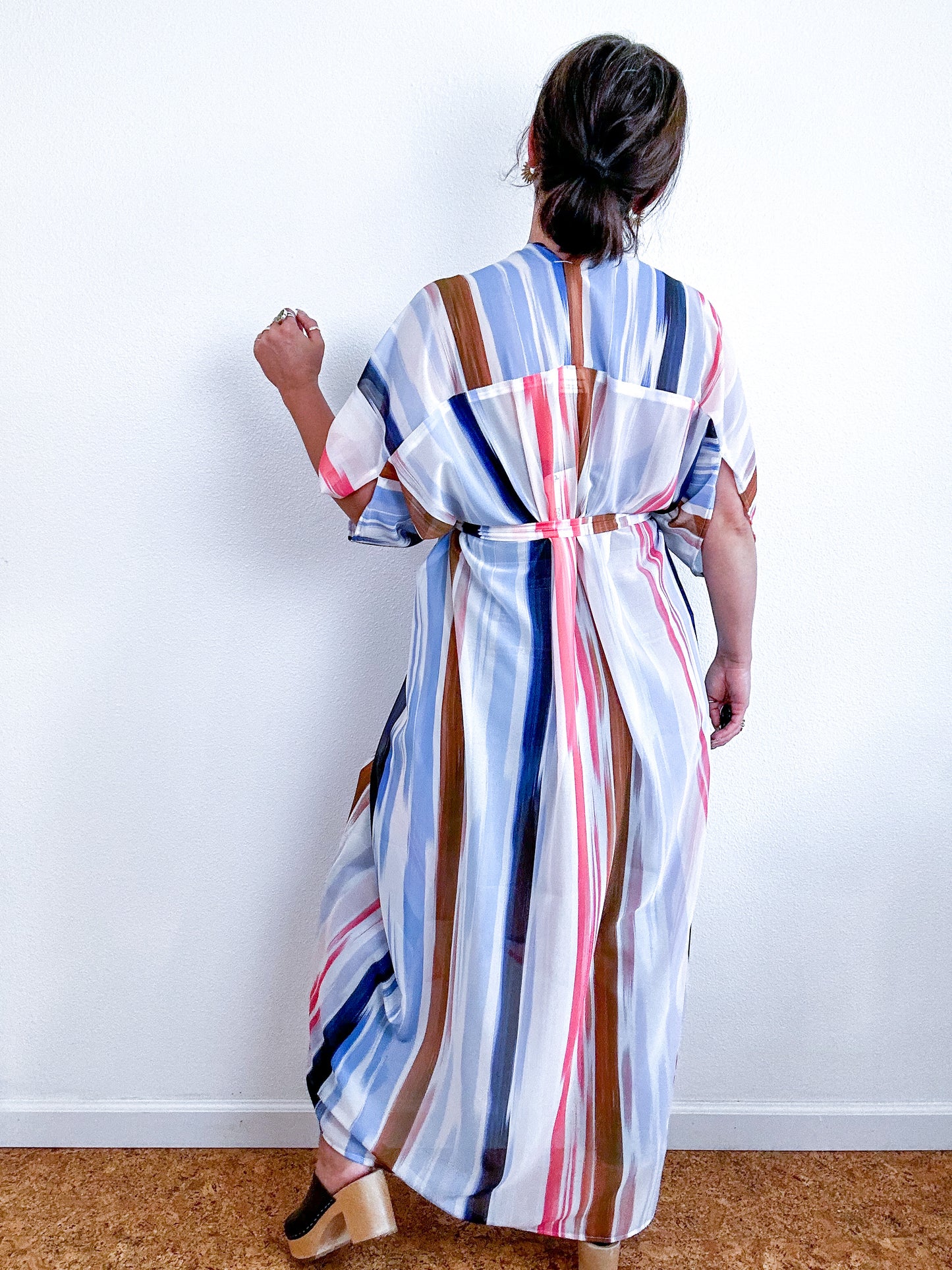Print High Low Kimono Painterly Lines Chiffon