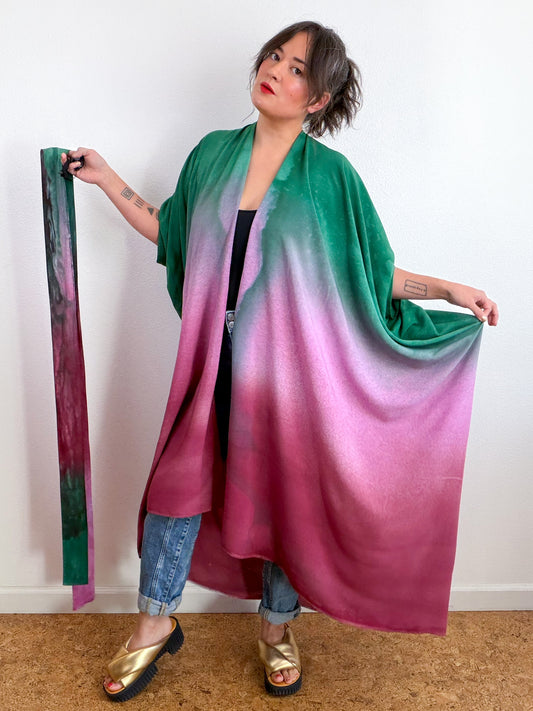 Hand-Dyed High Low Kimono Forest Peony Madrone Gradient