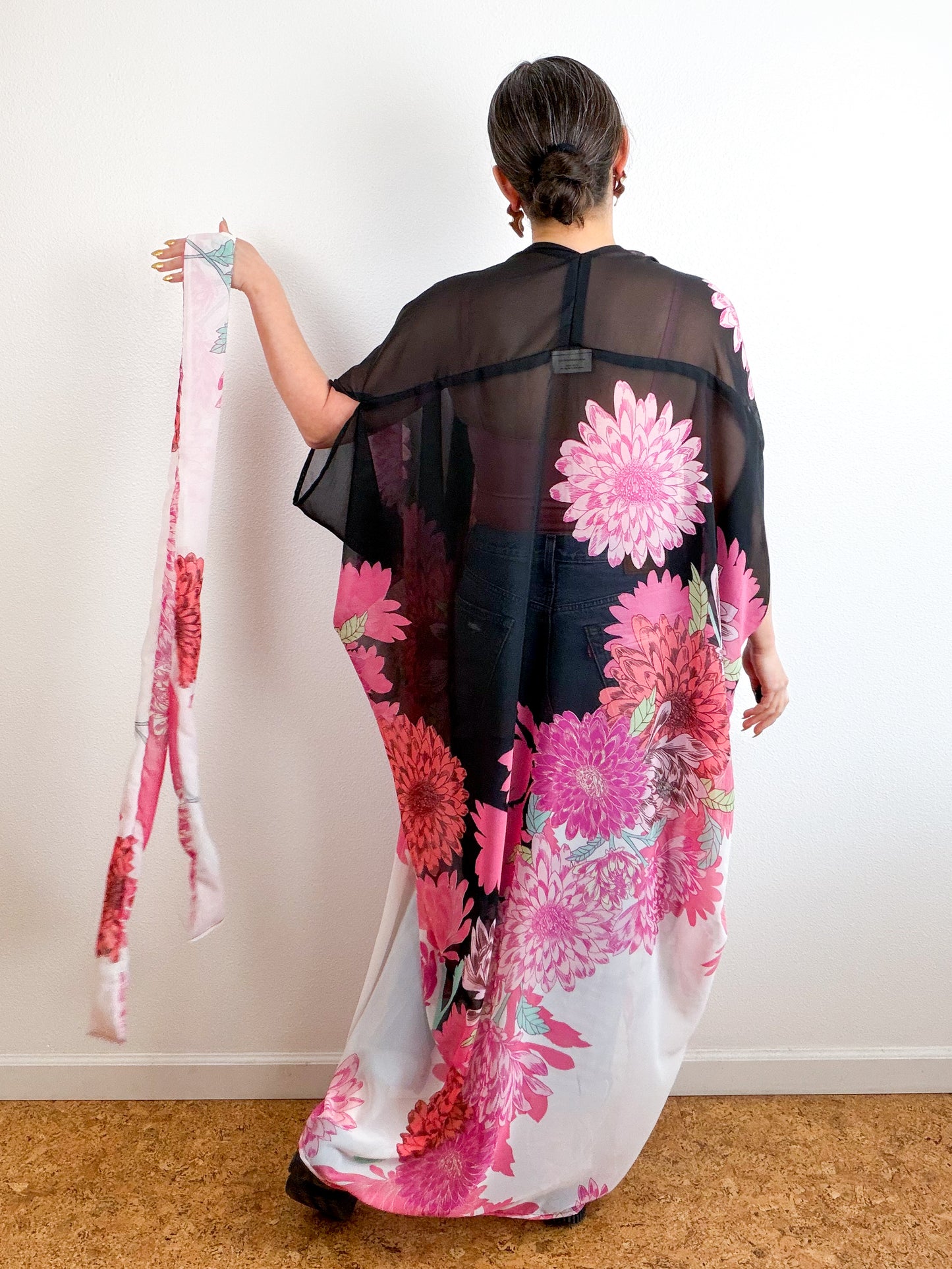 Print High Low Kimono Black Pink Dhalia Chiffon