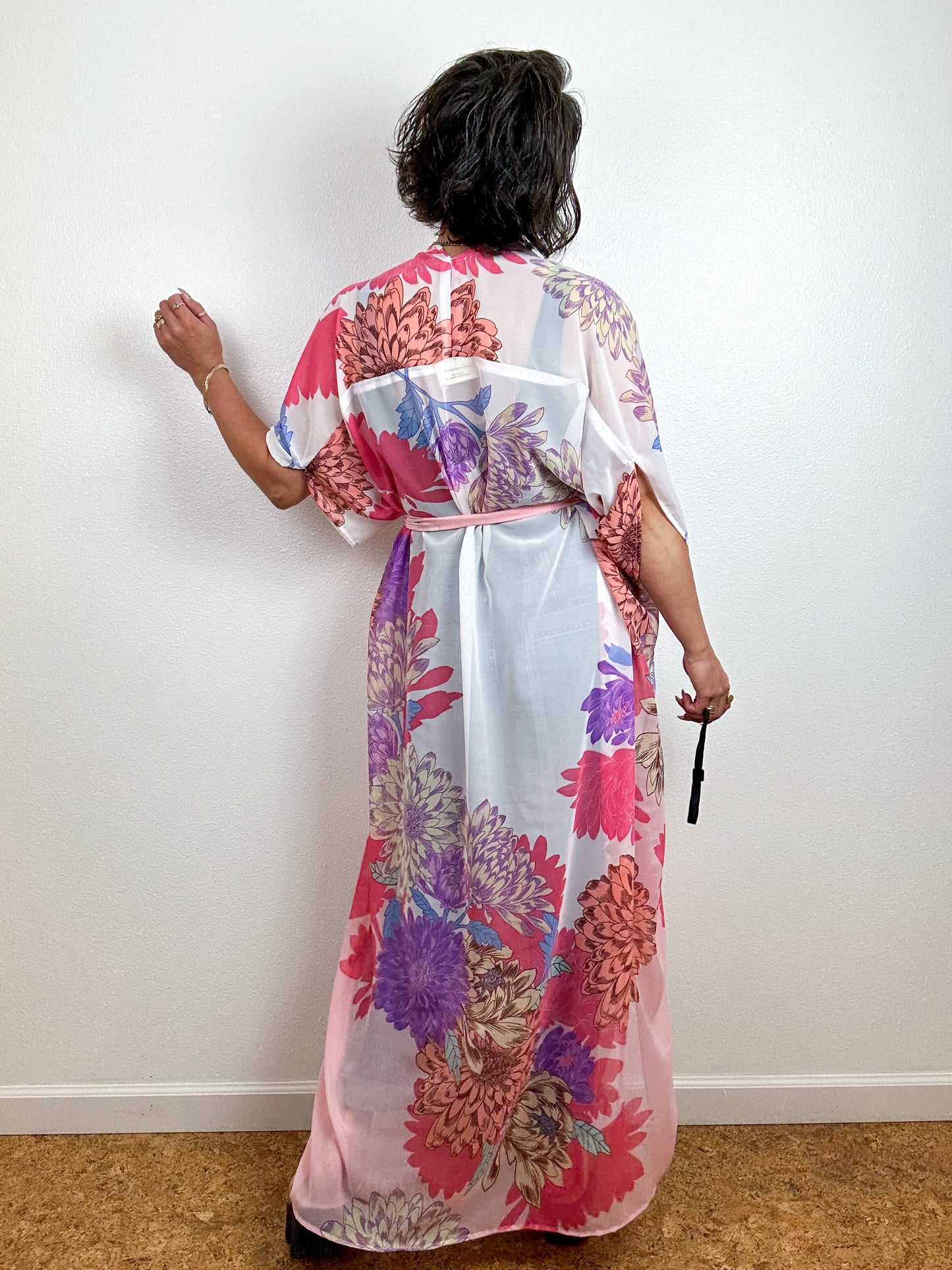 Print High Low Kimono Pink Chrysanthemum Chiffon