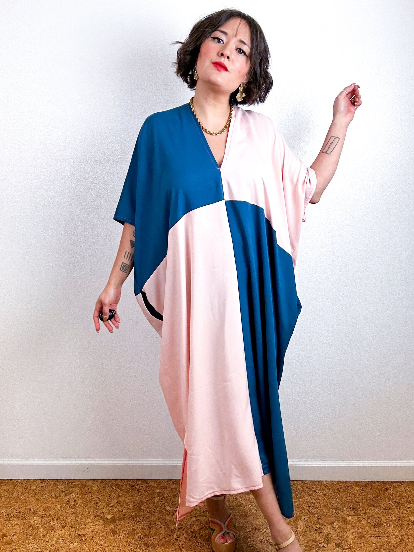 Color Block Midi Caftan Dress Teal Blush