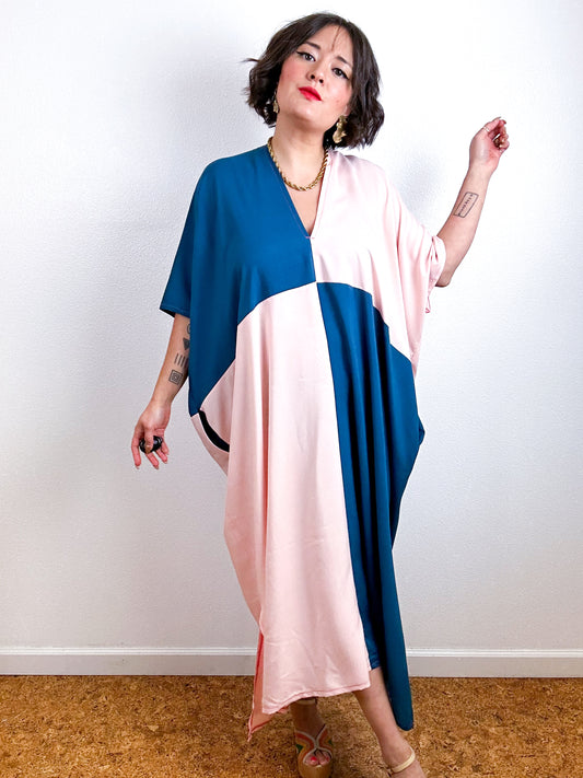Color Block Midi Caftan Dress Teal Blush