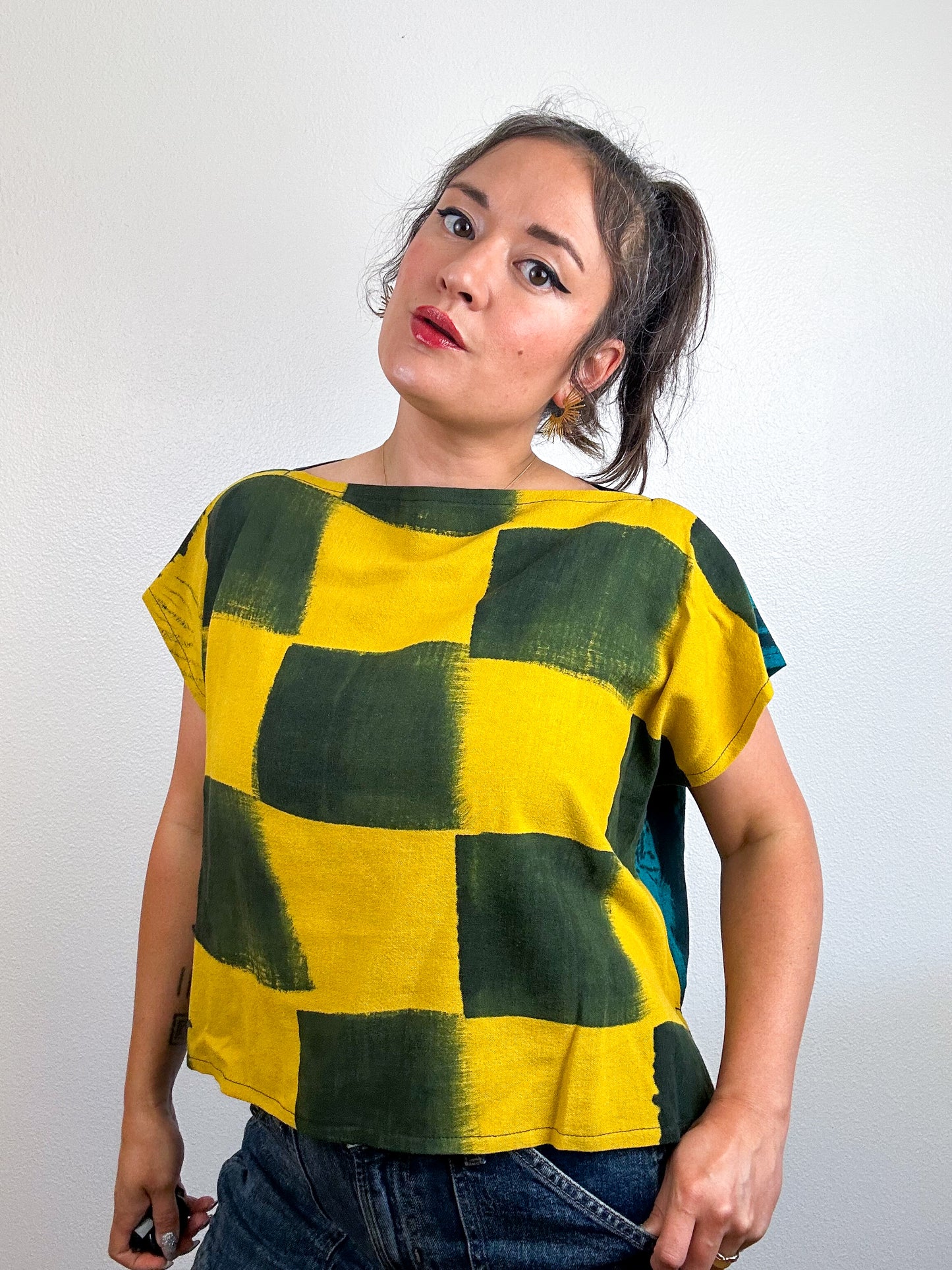 Hand-Dyed Linen Blend Flip Crop Teal Sumi Marigold Check