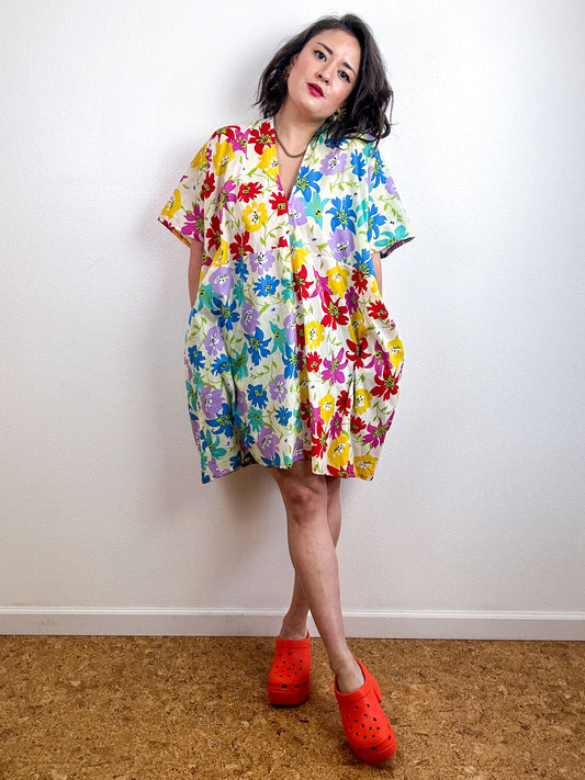 Color Block Mini Caftan Dress Blue Red Floral