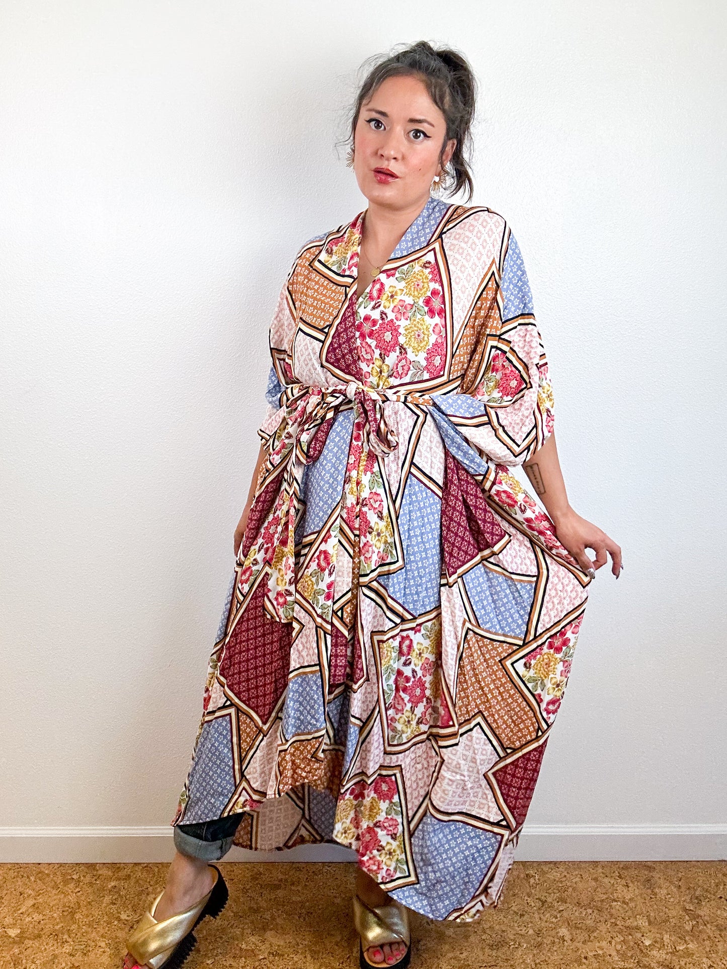 Print High Low Kimono Maroon Patchwork Crinkle Challis