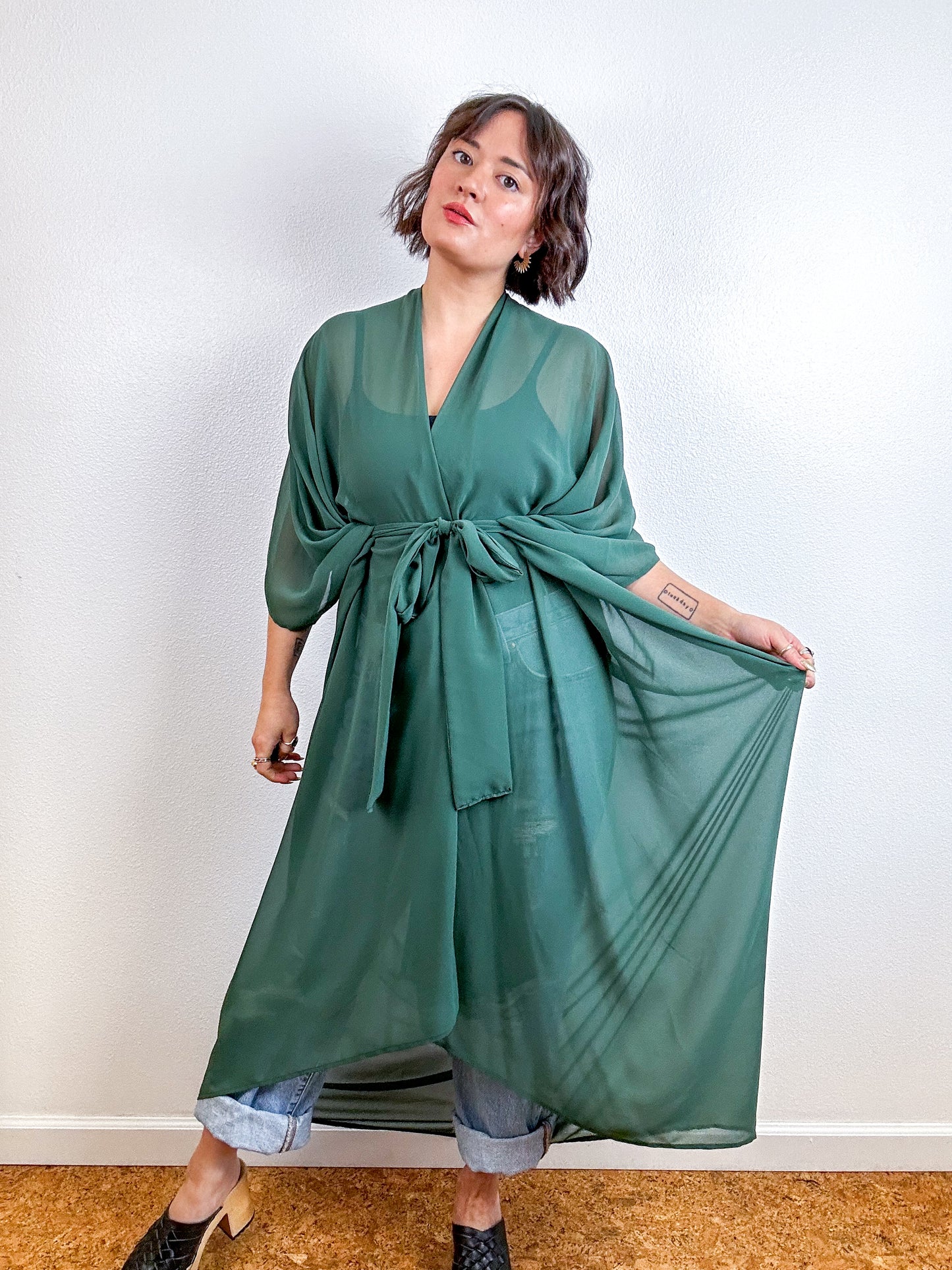 Solid High Low Kimono Olive Chiffon