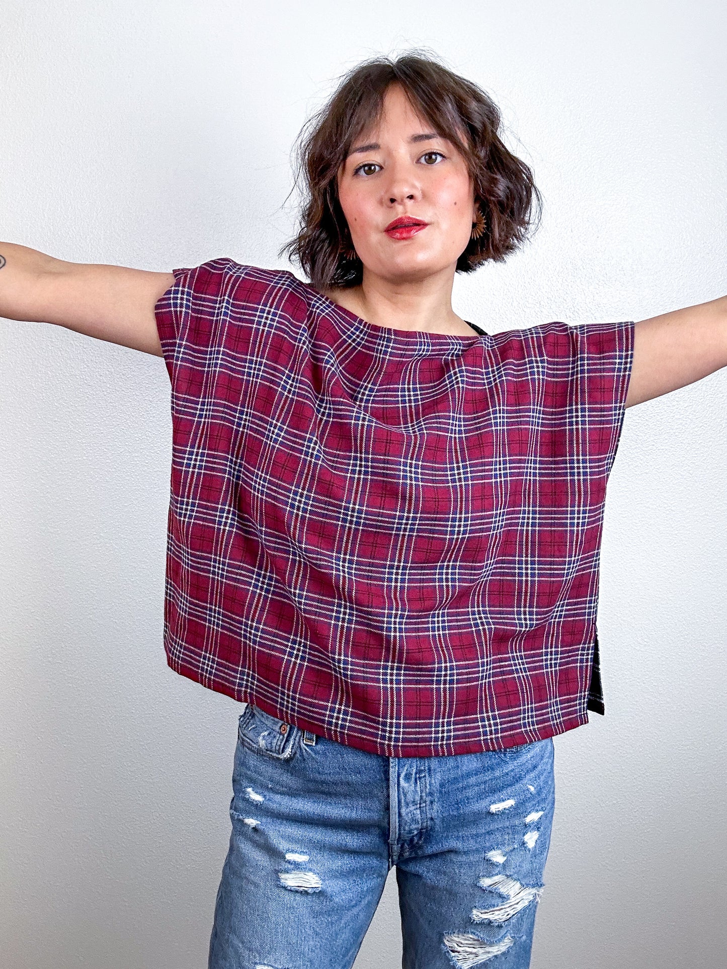Flip Crop Plaid Flannel Maroon Navy