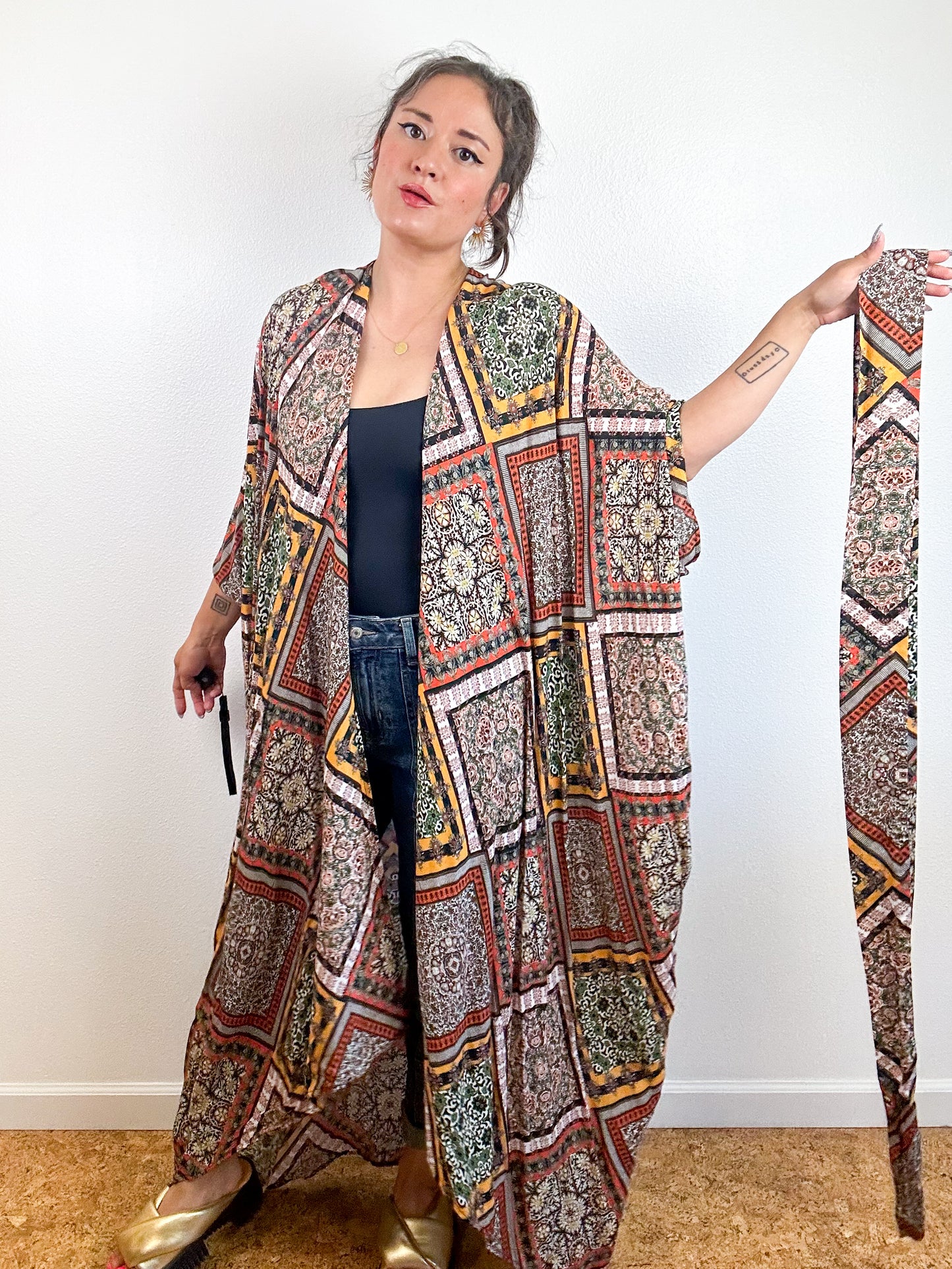 Print High Low Kimono Earthy Patchwork Crinkle Challis