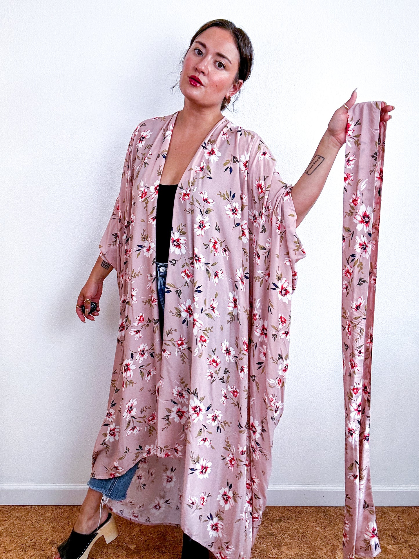 Print High Low Kimono Blush Floral Challis