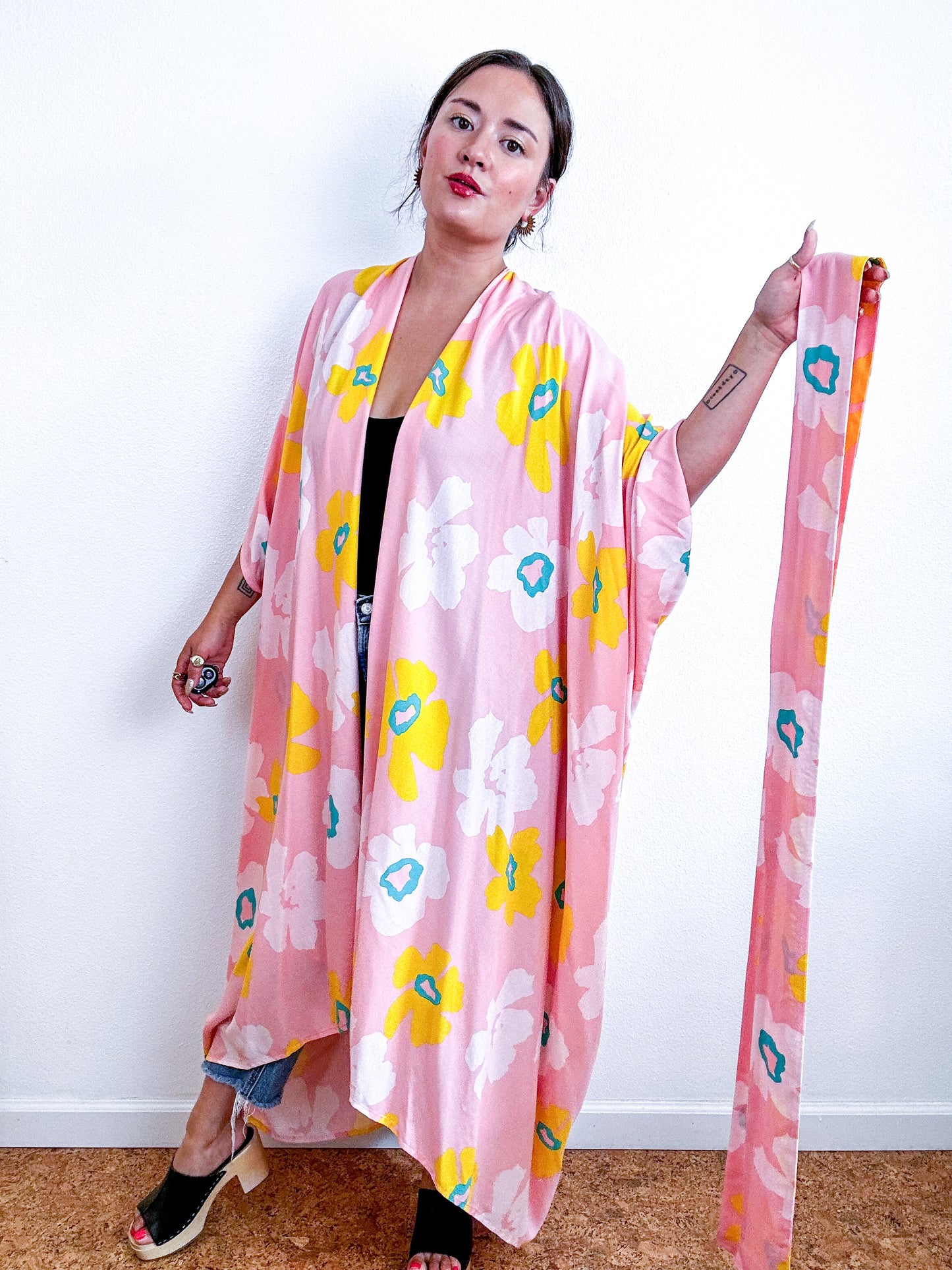 Print High Low Kimono Pink Yellow Flower Challis
