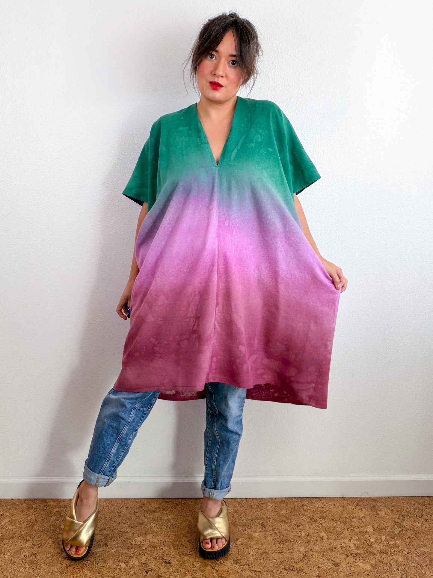 Hand-Dyed Linen Blend Caftan Dress Forest Peony Madrone Gradient