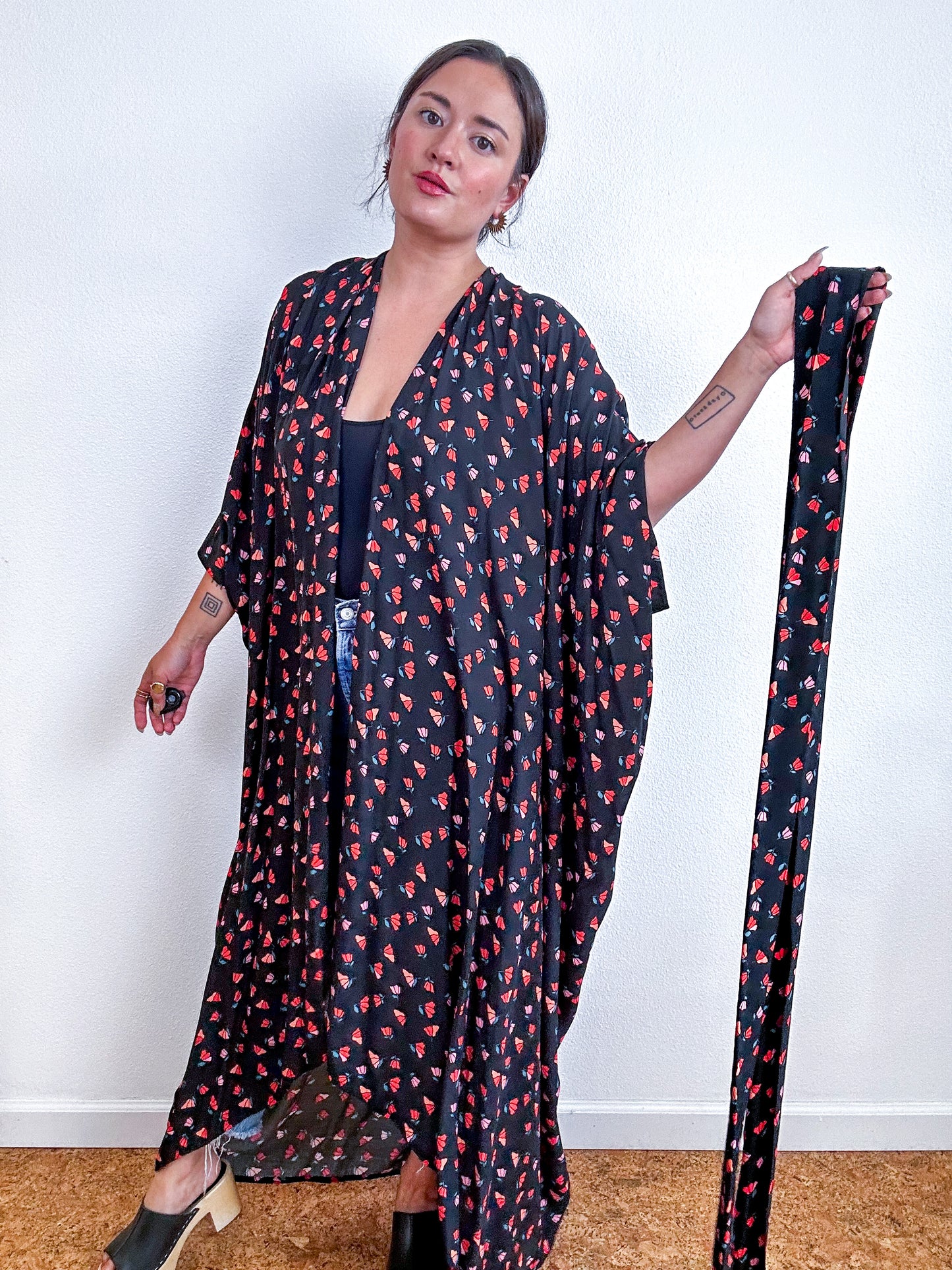 Print High Low Kimono Black Red Mini Poppy Challis