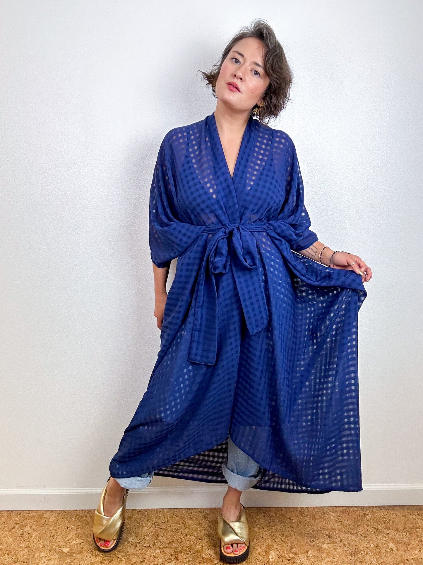 Solid High Low Kimono Navy Blue Gingham Chiffon