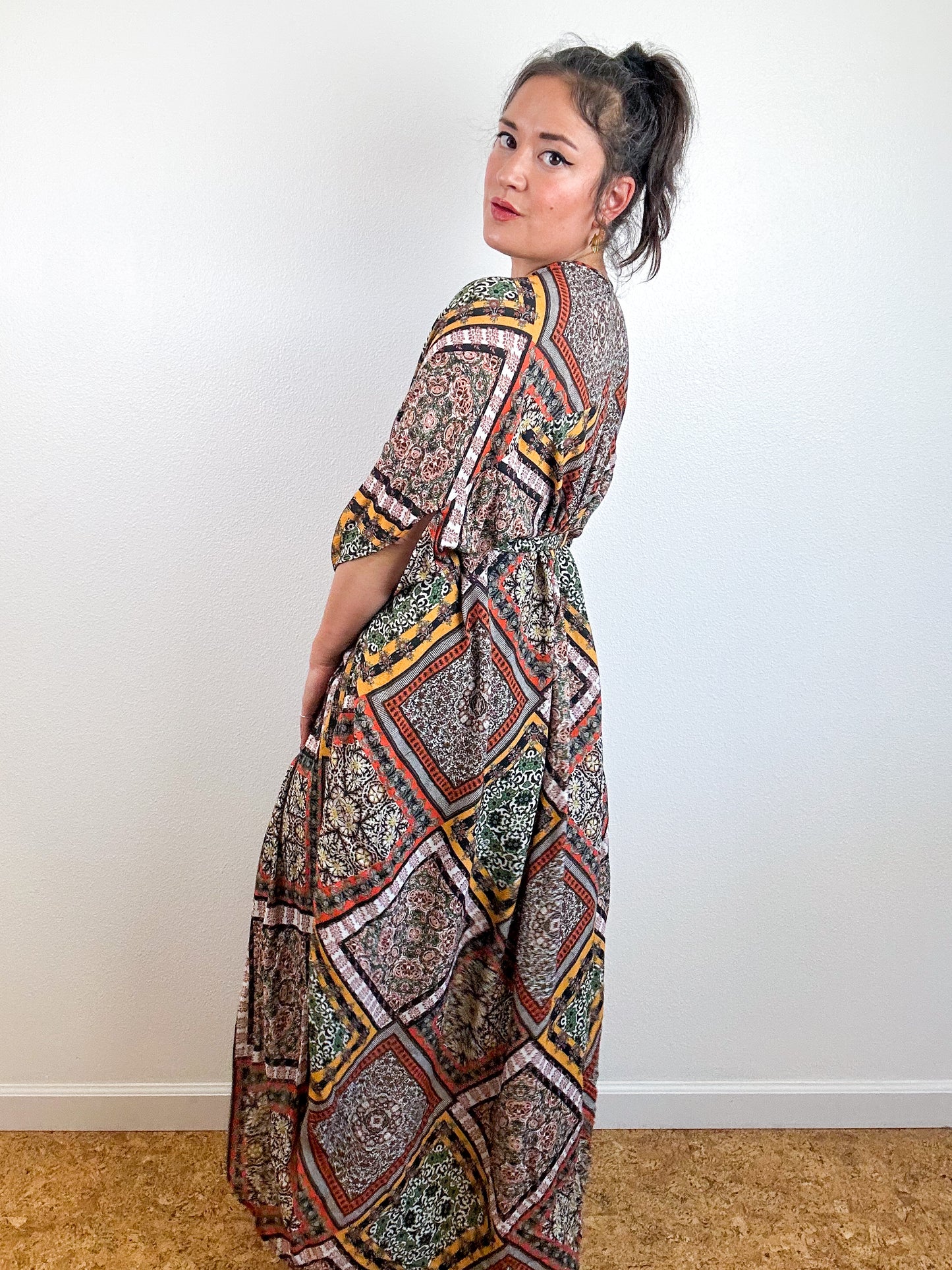 Print High Low Kimono Earthy Patchwork Crinkle Challis