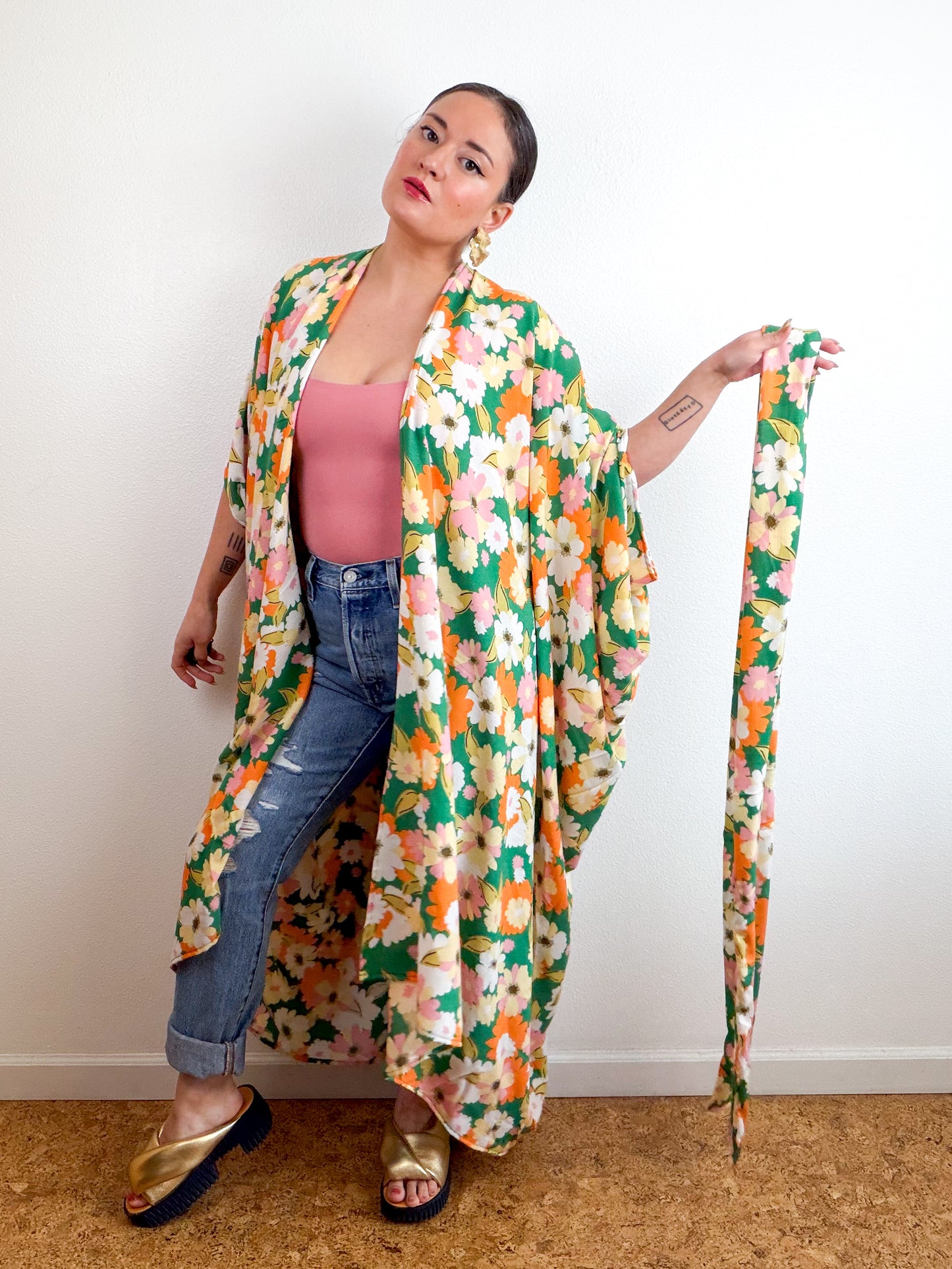 Print High Low Kimono Green Orange Floral Crinkle Challis