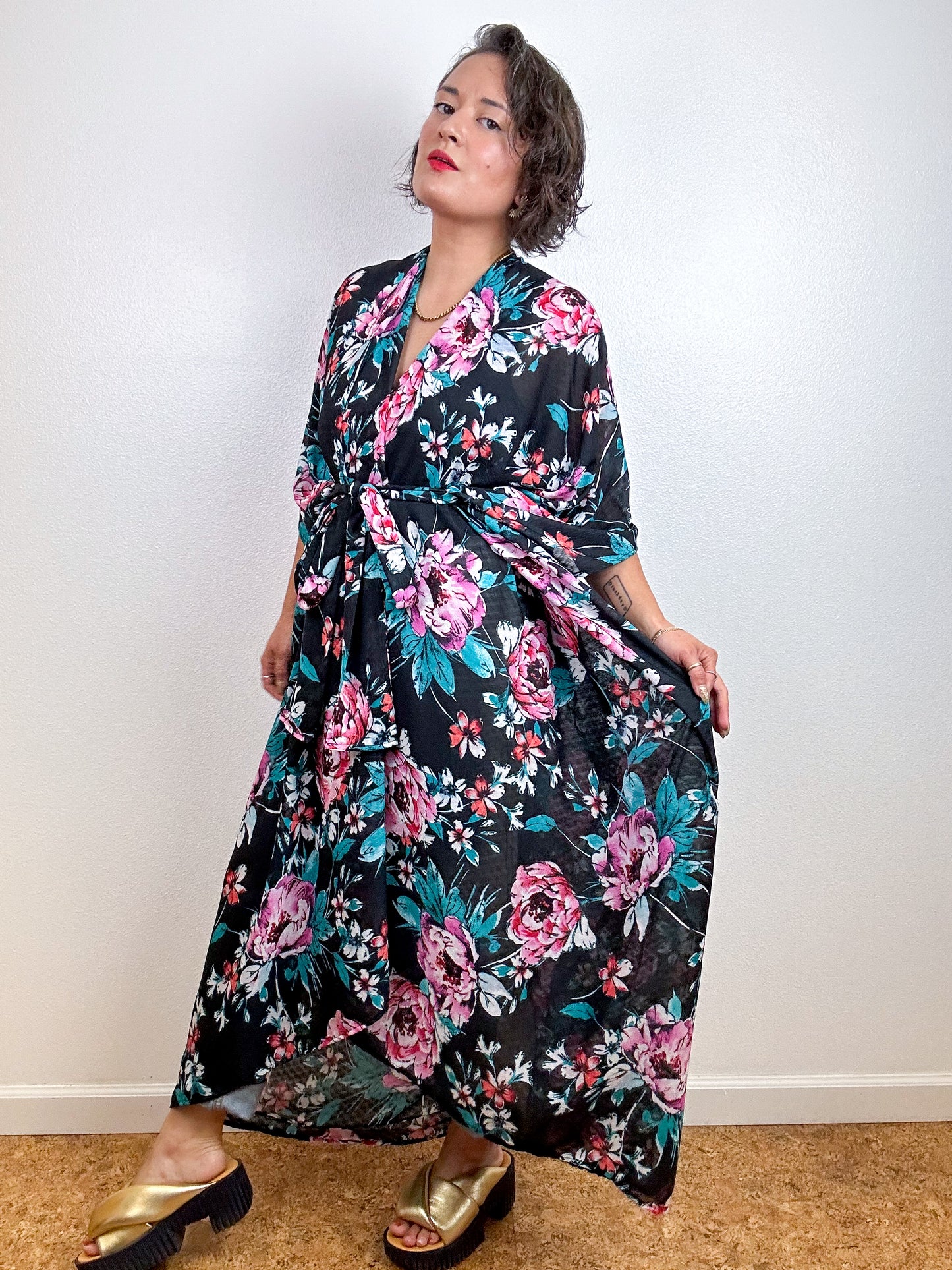 Print High Low Kimono Black Pink Floral Chiffon