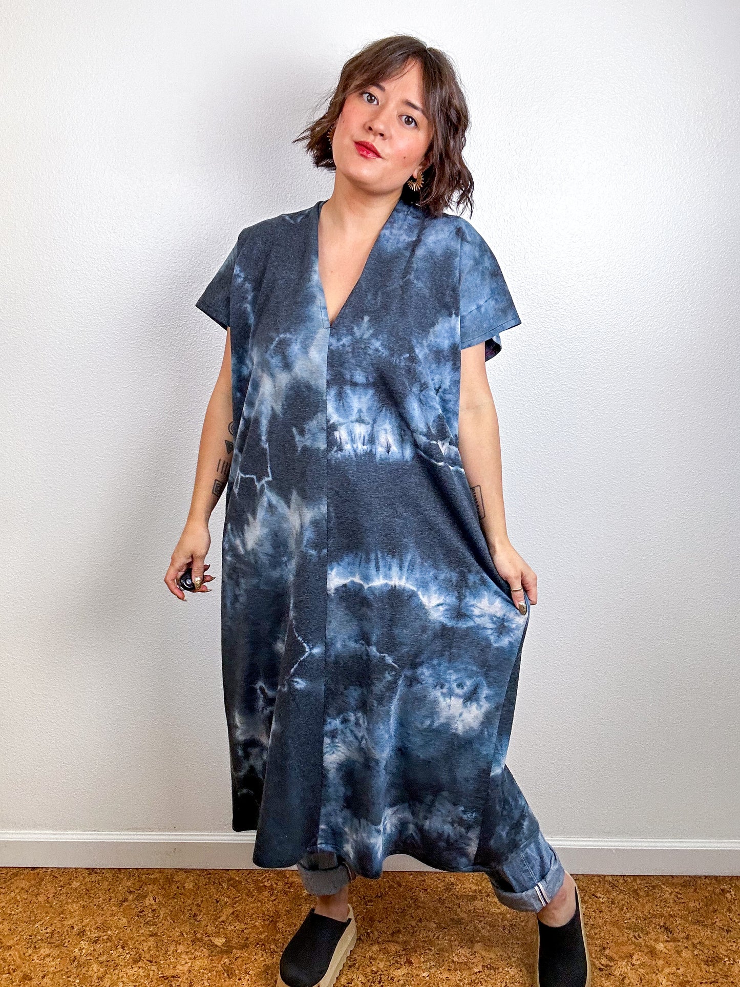 Hand-Dyed Midi Sweatshirt Smock Dress Blue Black Tie