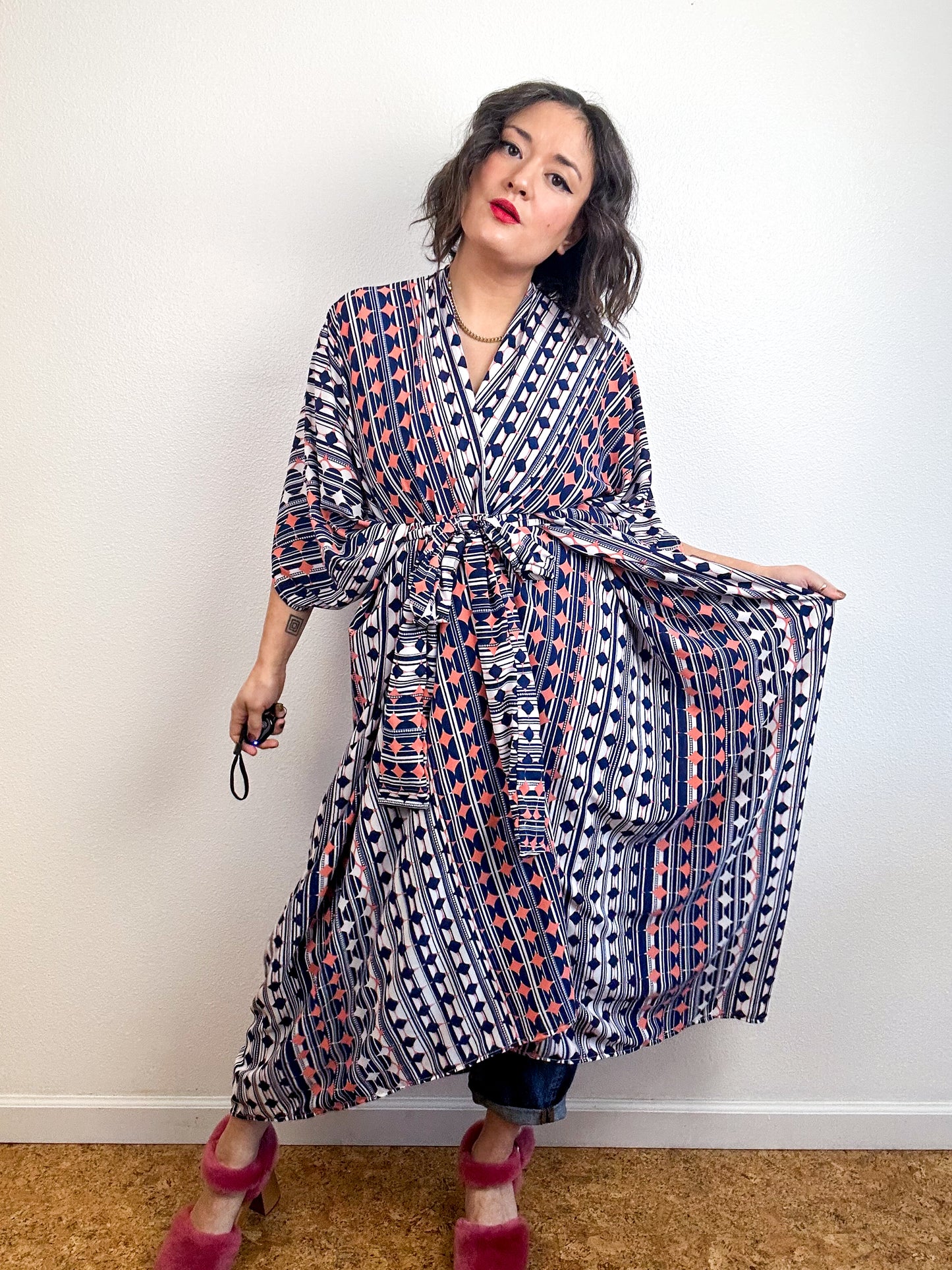 Print High Low Kimono Navy Peach Mod Circles Bubble Crepe