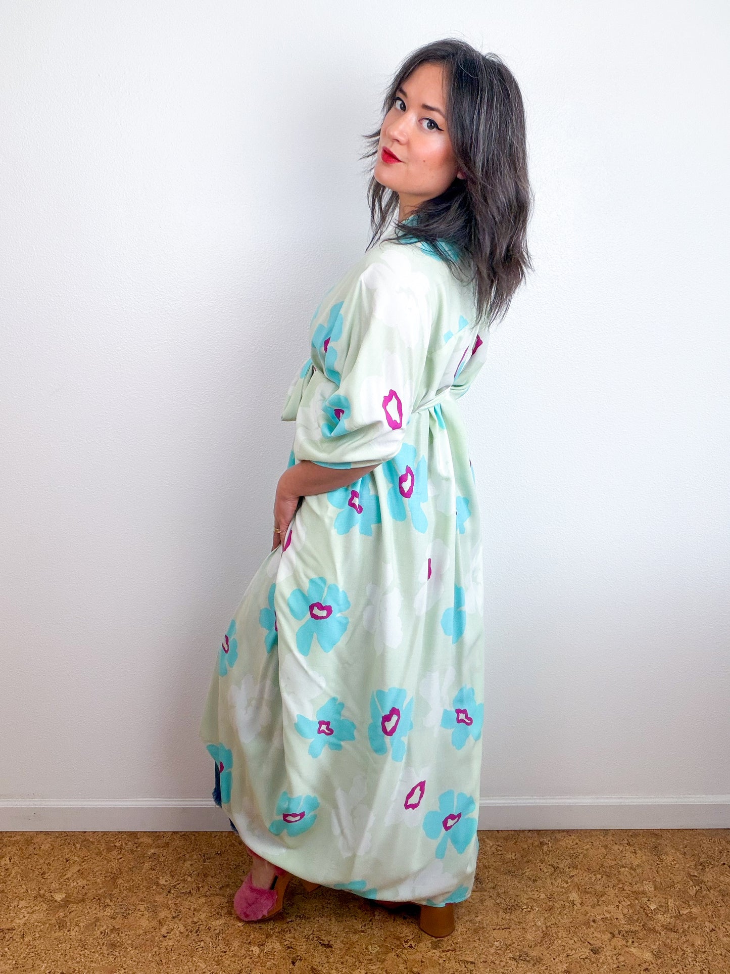Print High Low Kimono Seafoam Floral Challis