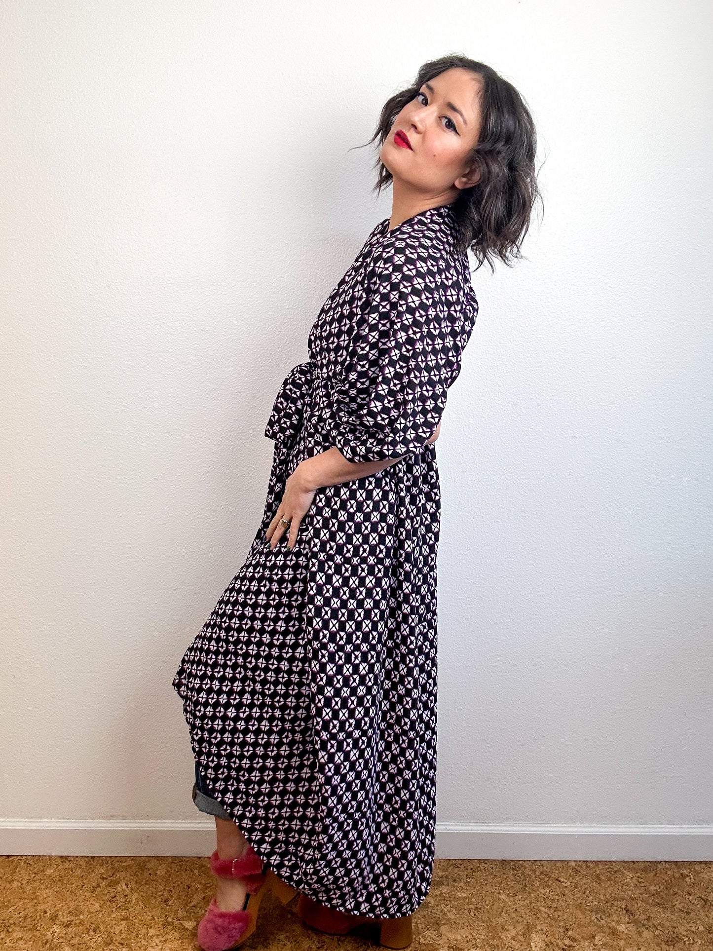 Print High Low Kimono Purple Faux Shibori Georgette