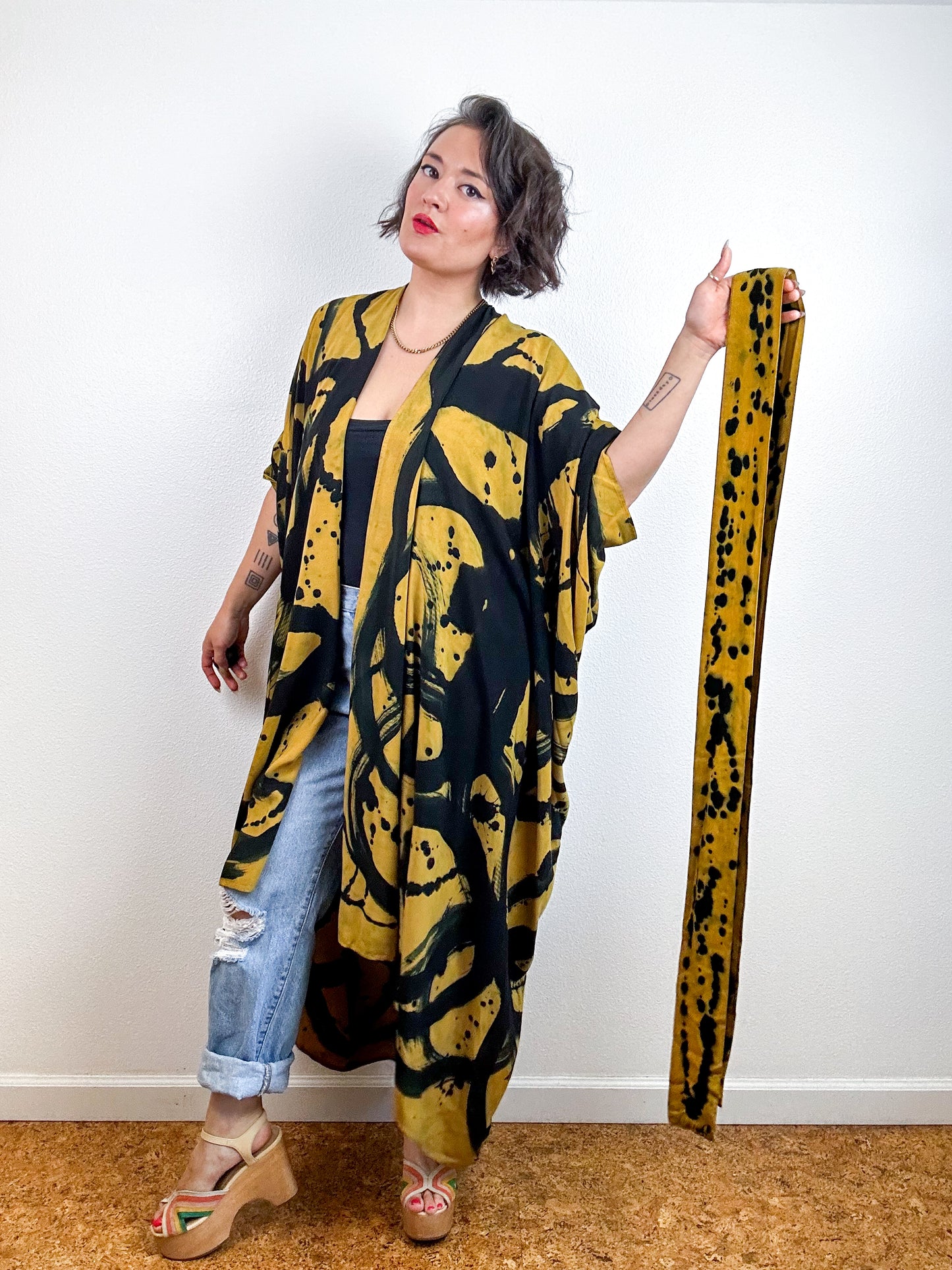 Hand-Dyed High Low Kimono Marigold Black Sumi