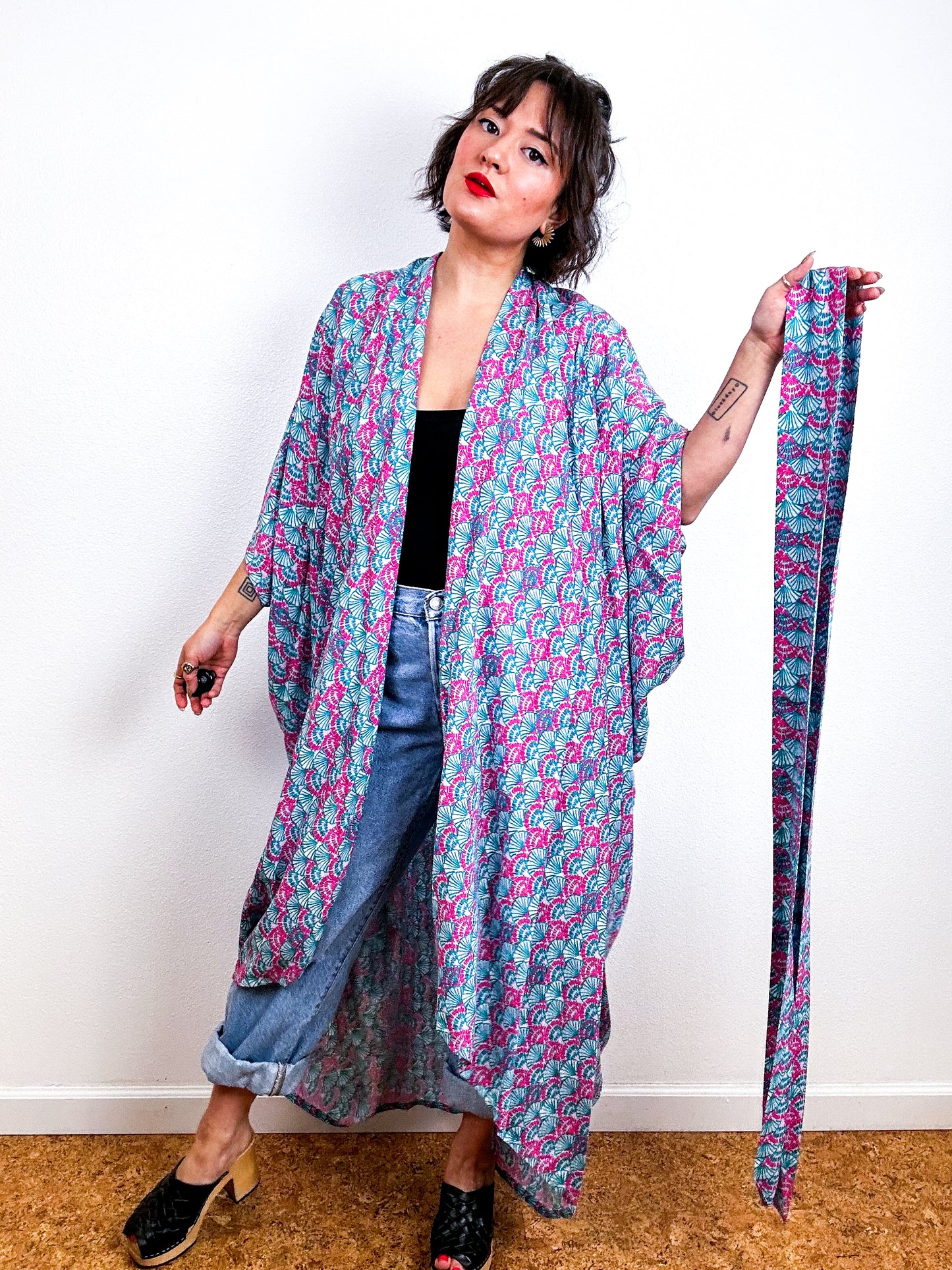 Print High Low Kimono Pink Turquoise Challis
