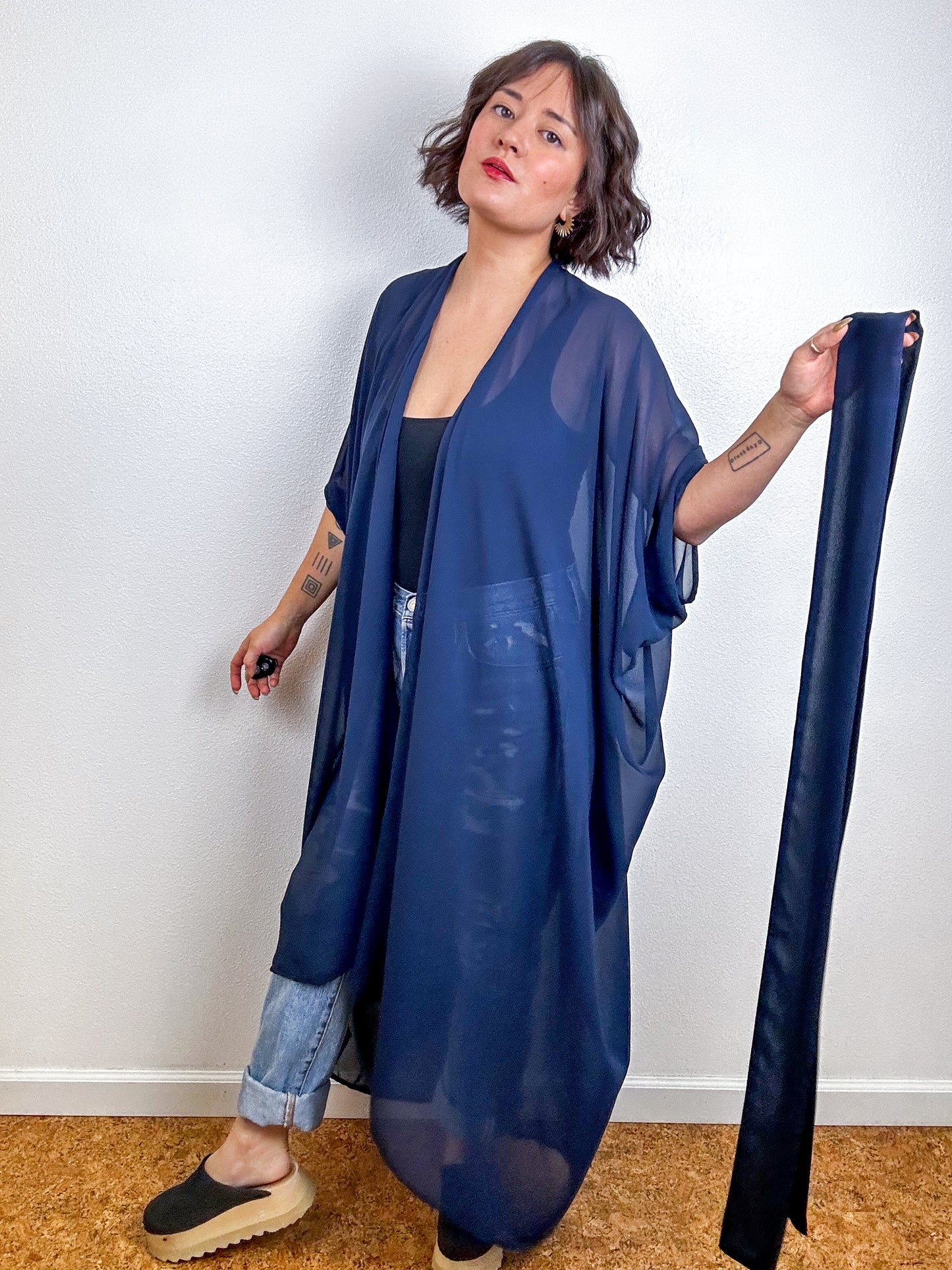 Solid High Low Kimono Navy Chiffon