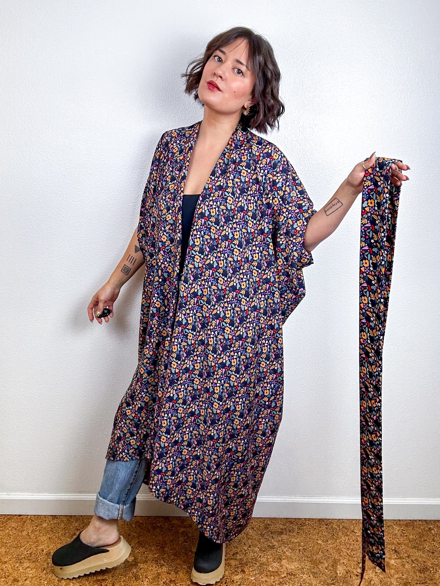 Print High Low Kimono Navy Mini Floral Crepe de Chine