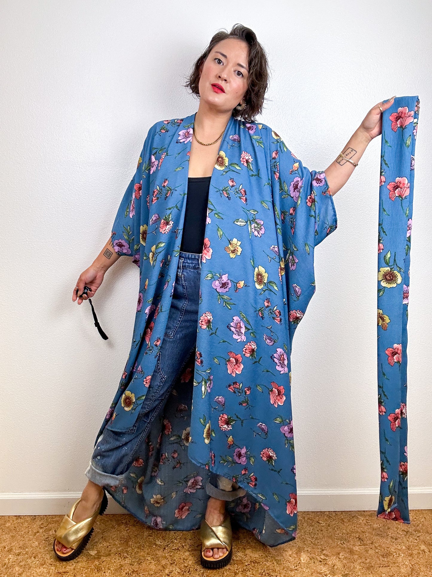 Print High Low Kimono Blue Scattered Floral Rayon Crepe