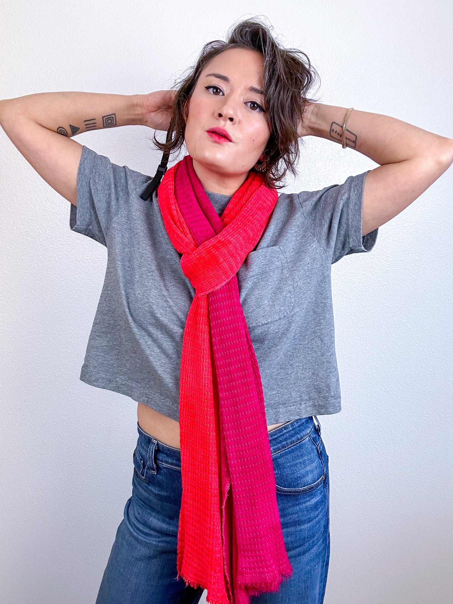 Hand-Dyed Two Tone Knit Scarf Fuchsia Scarlet