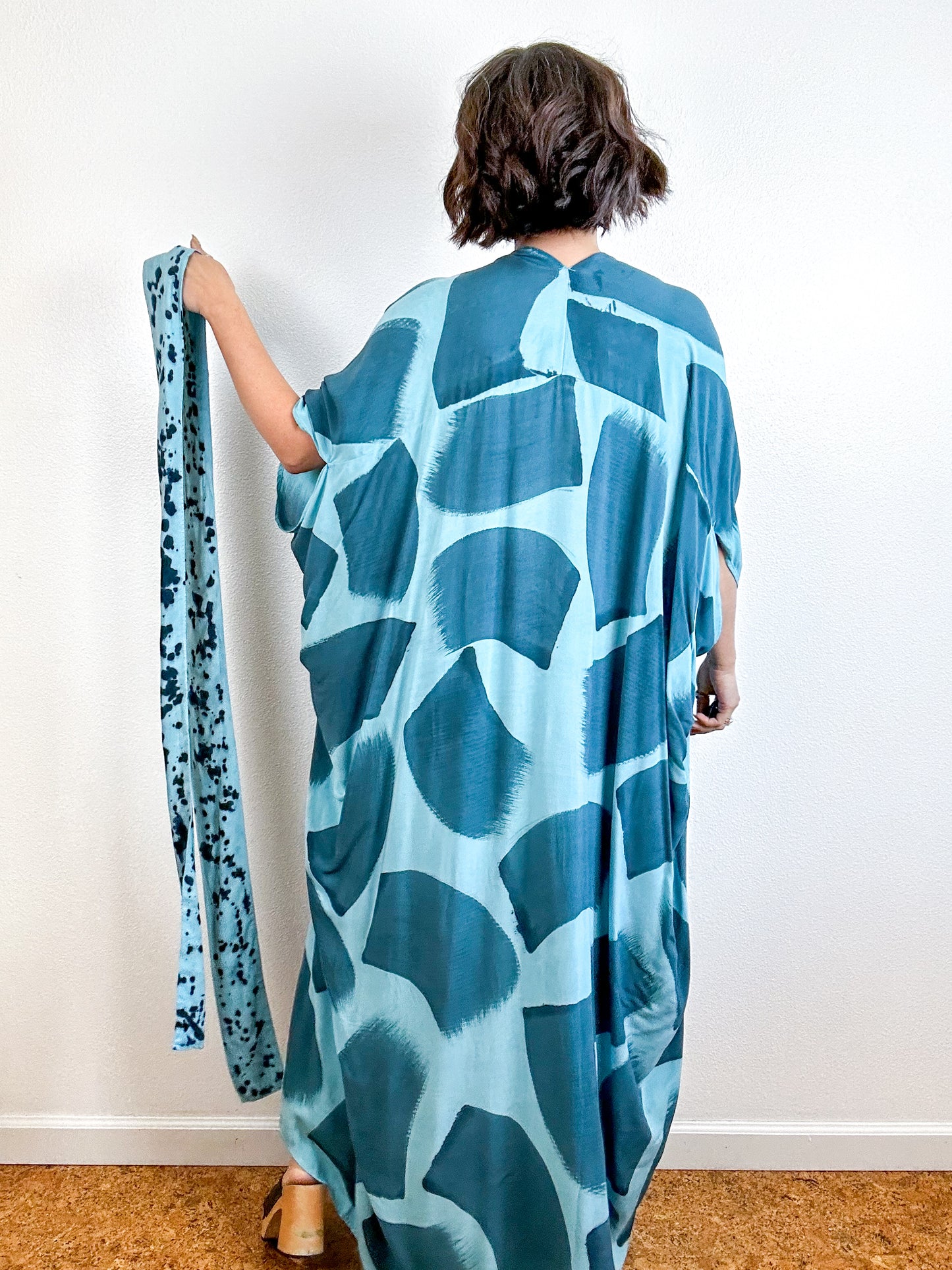 Hand-Dyed High Low Kimono Aqua Teal Brush
