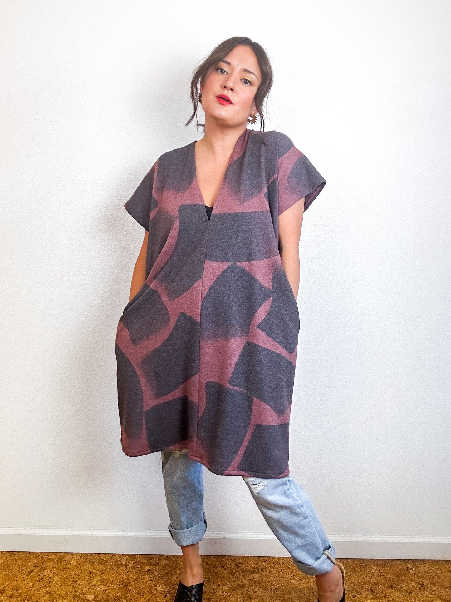 Hand-Dyed Mini Sweatshirt Smock Dress Mauve Brushtrokes