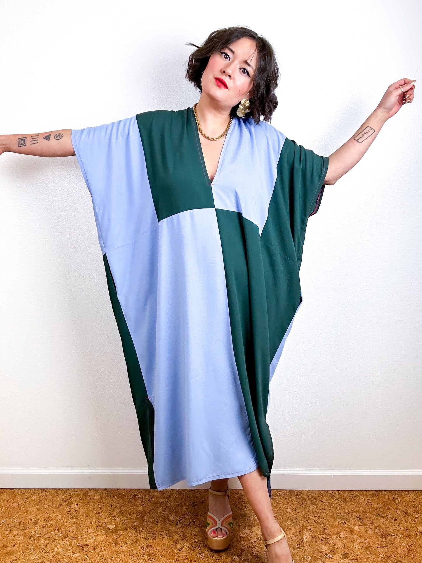 Color Block Midi Caftan Dress Forest Blue