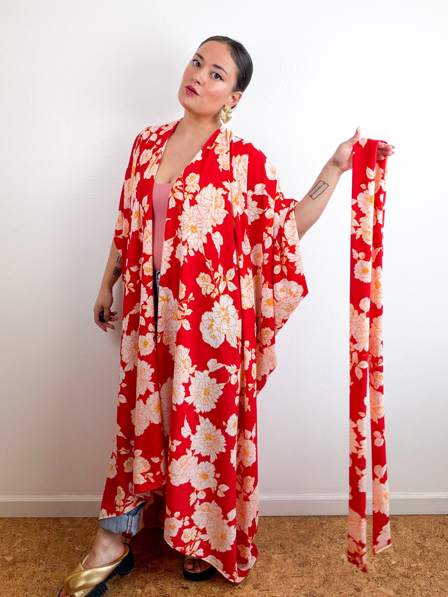 Print High Low Kimono Red Yellow Floral Bubble Crepe