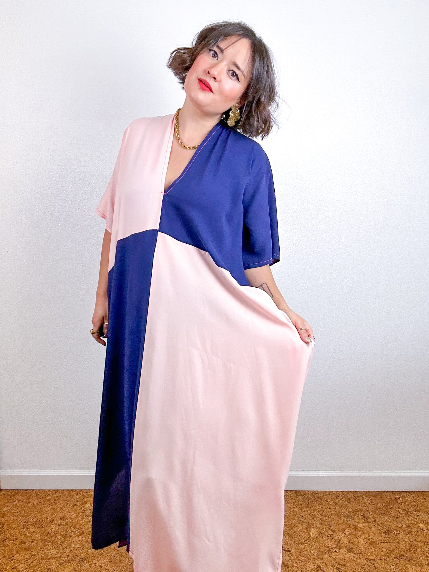 Color Block Midi Caftan Dress Navy Blush