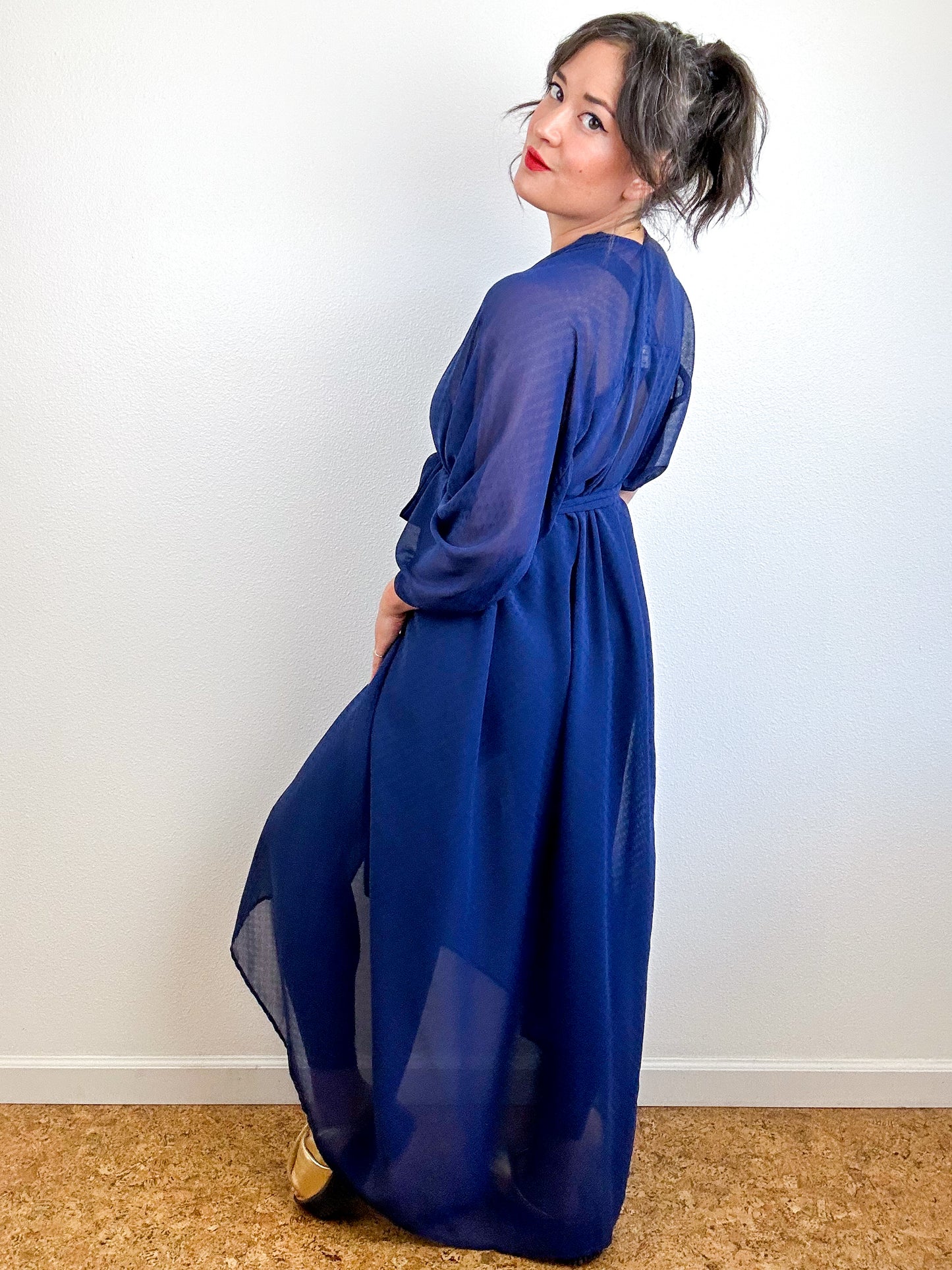 Print High Low Kimono Navy Mini Dots Chiffon